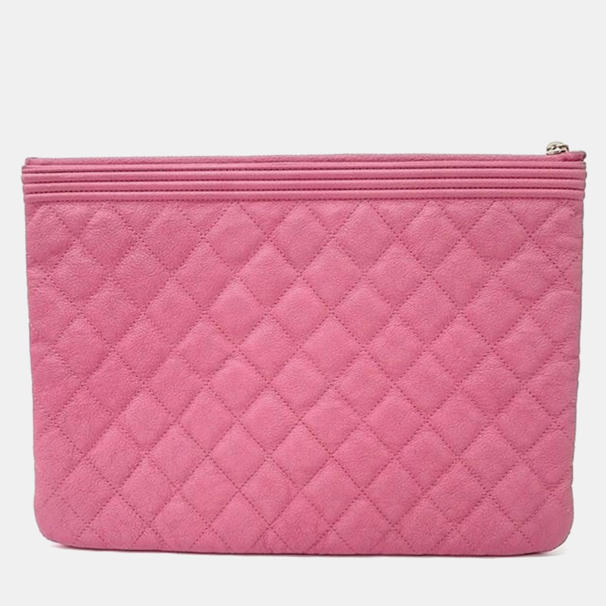 Chanel Pink Caviar Leather Medium Boy Clutch Bag