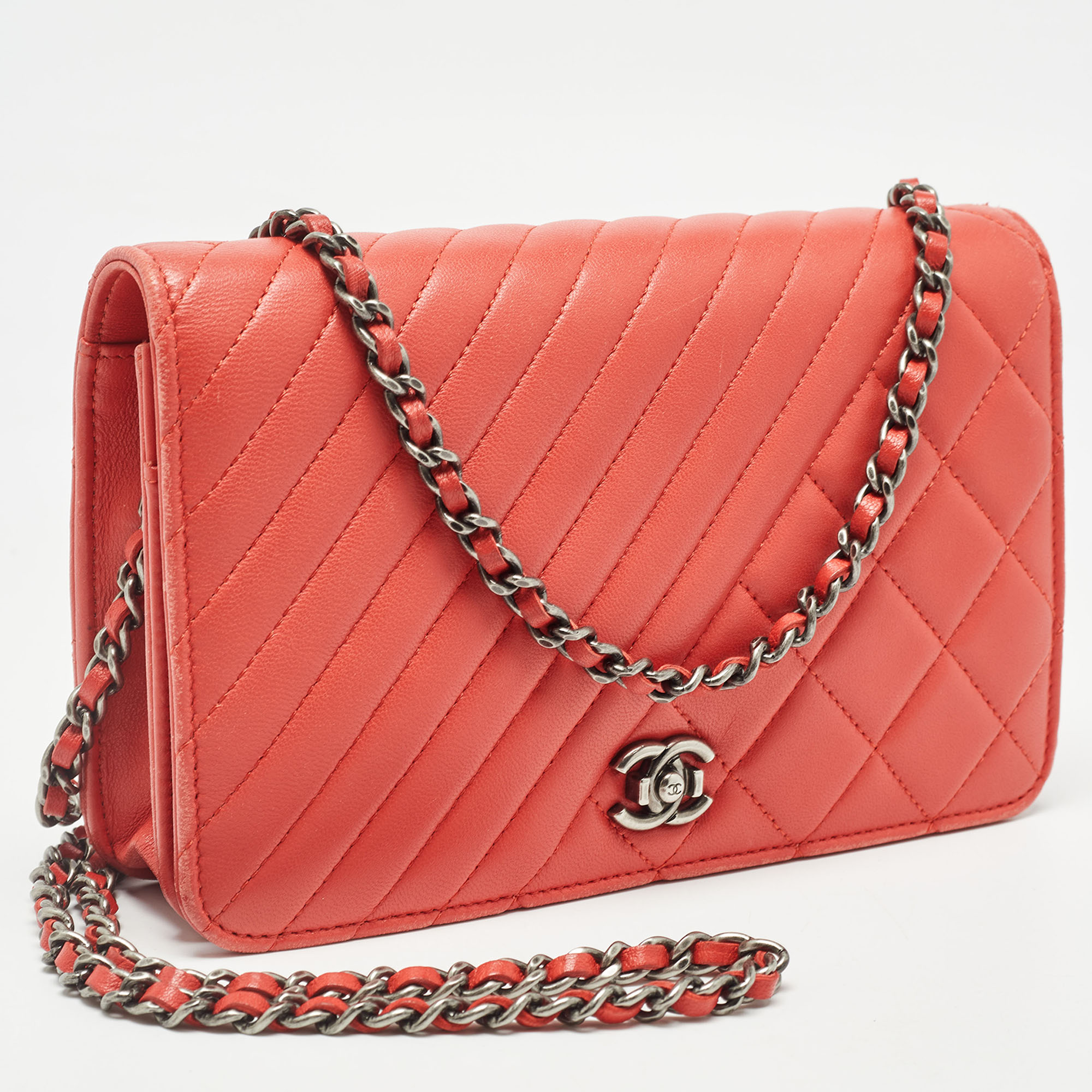 Chanel Orange Quilted Leather Coco Boy Wallet On Chain