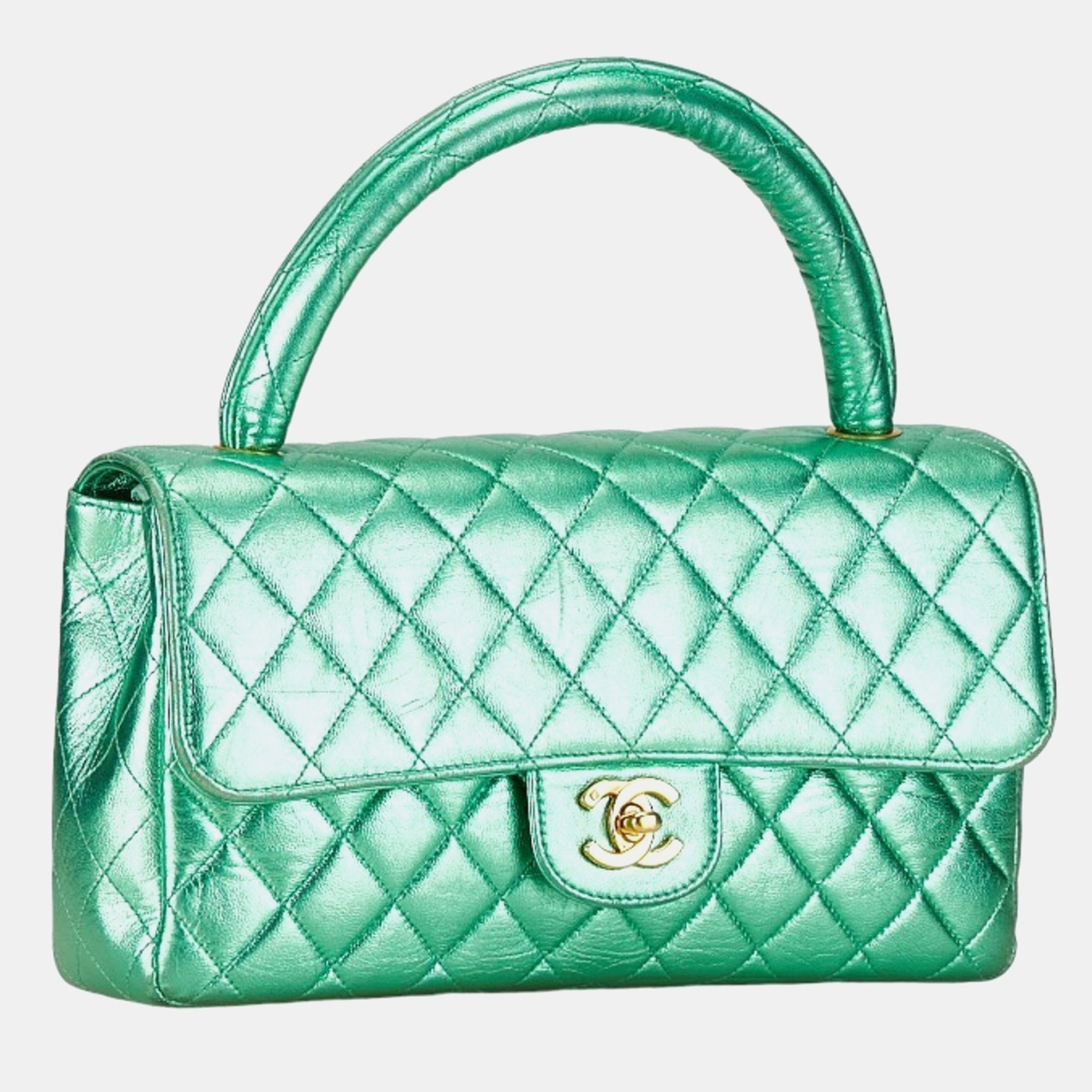 Chanel Metallic Green Lambskin Leather Quilted Top Handle Bag