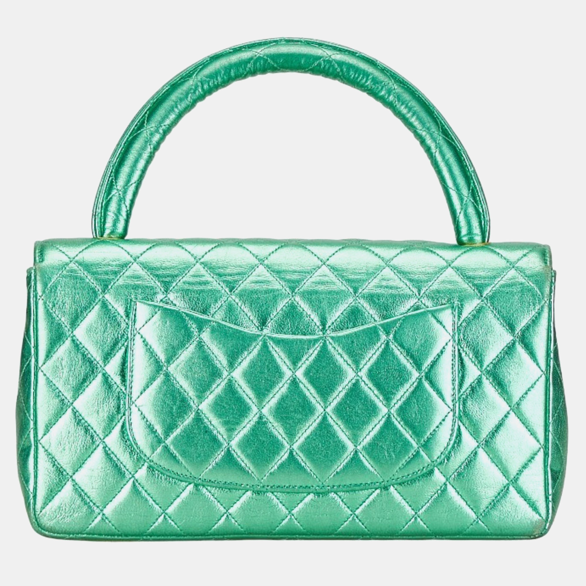 Chanel Metallic Green Lambskin Leather Quilted Top Handle Bag