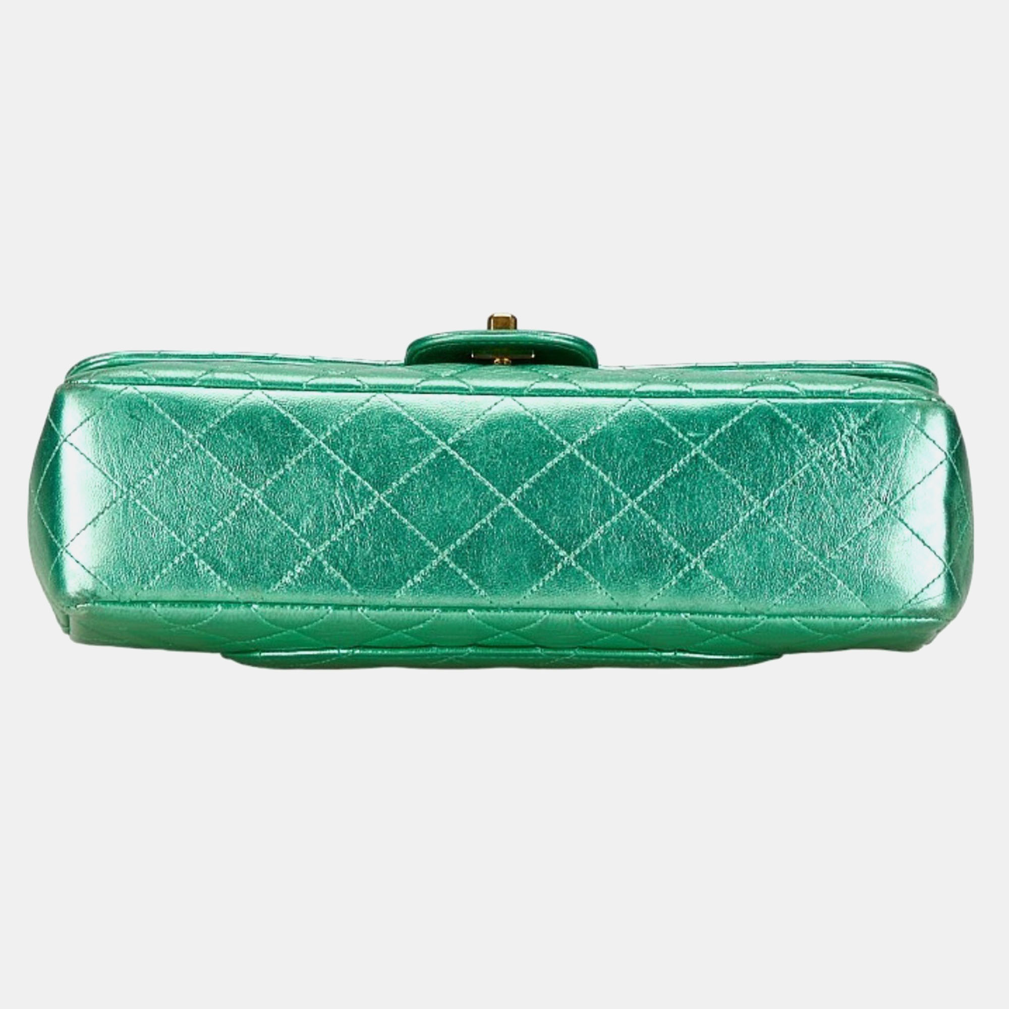 Chanel Metallic Green Lambskin Leather Quilted Top Handle Bag