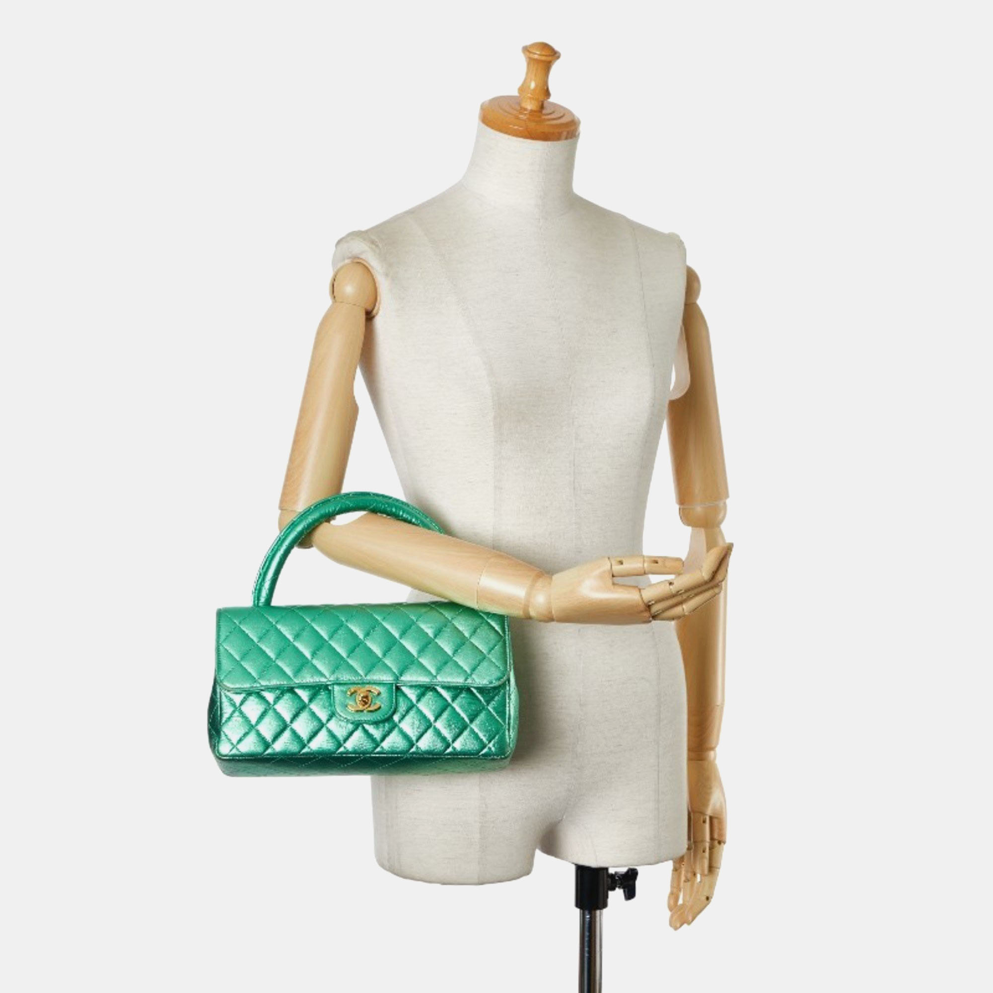 Chanel Metallic Green Lambskin Leather Quilted Top Handle Bag