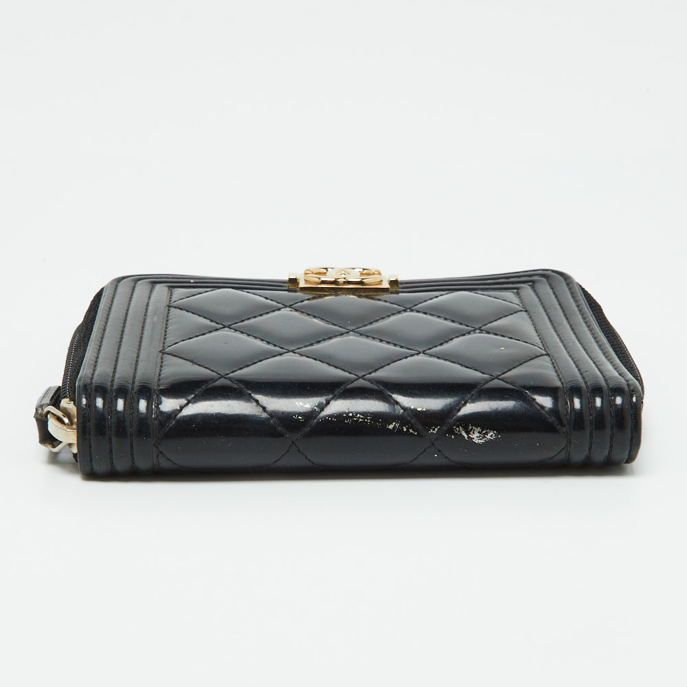 Chanel Black Quilted Patent Leather Boy Zip Around Wallet