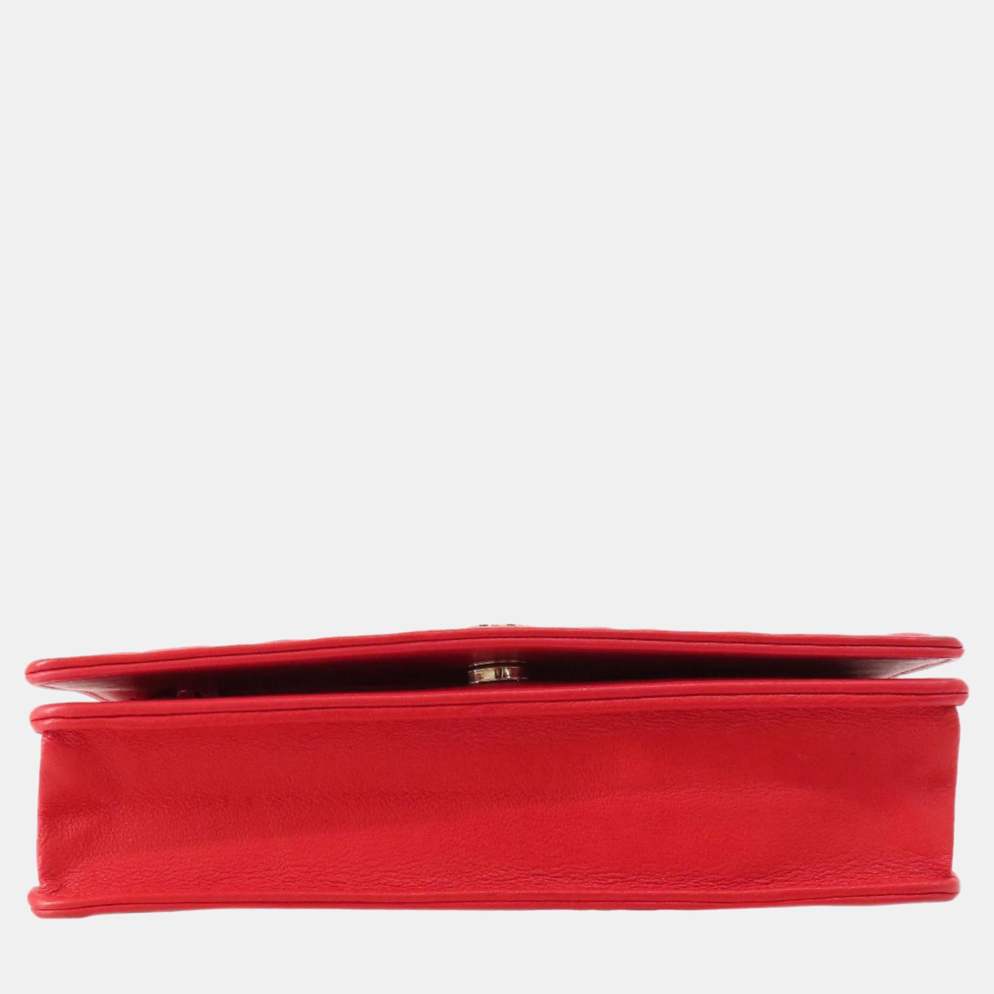 Chanel Red Camellia Leather Embossed Wallet On Chain