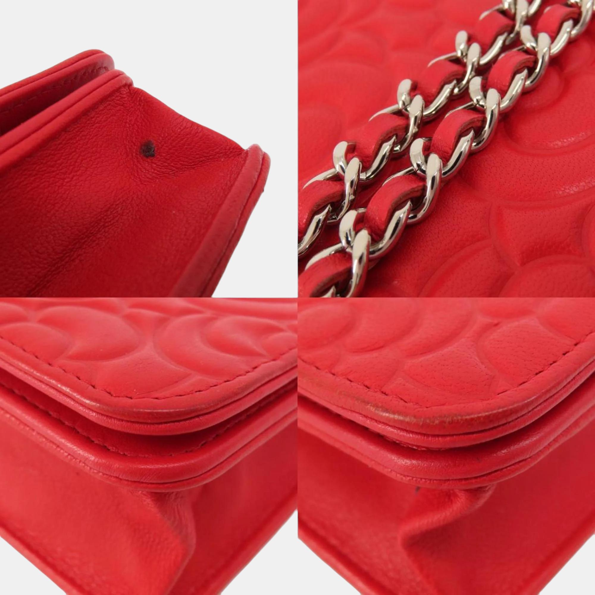 Chanel Red Camellia Leather Embossed Wallet On Chain