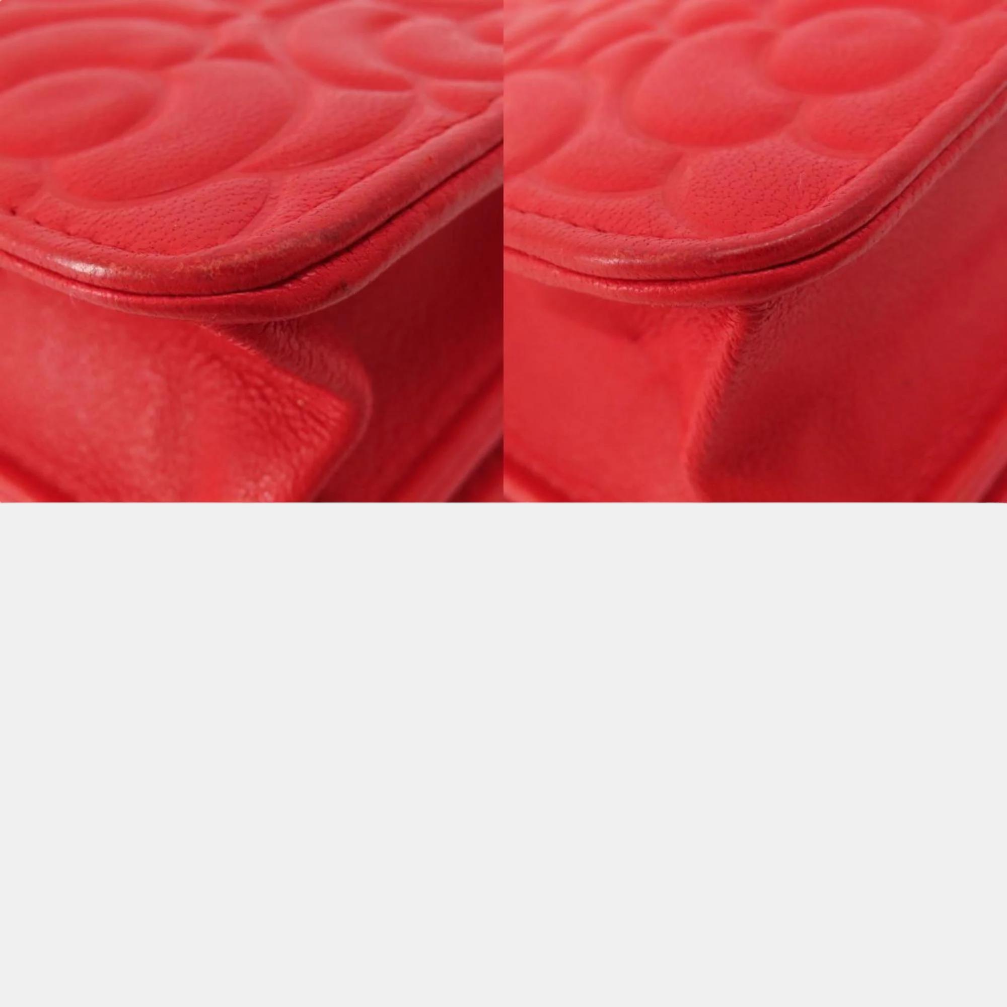 Chanel Red Camellia Leather Embossed Wallet On Chain