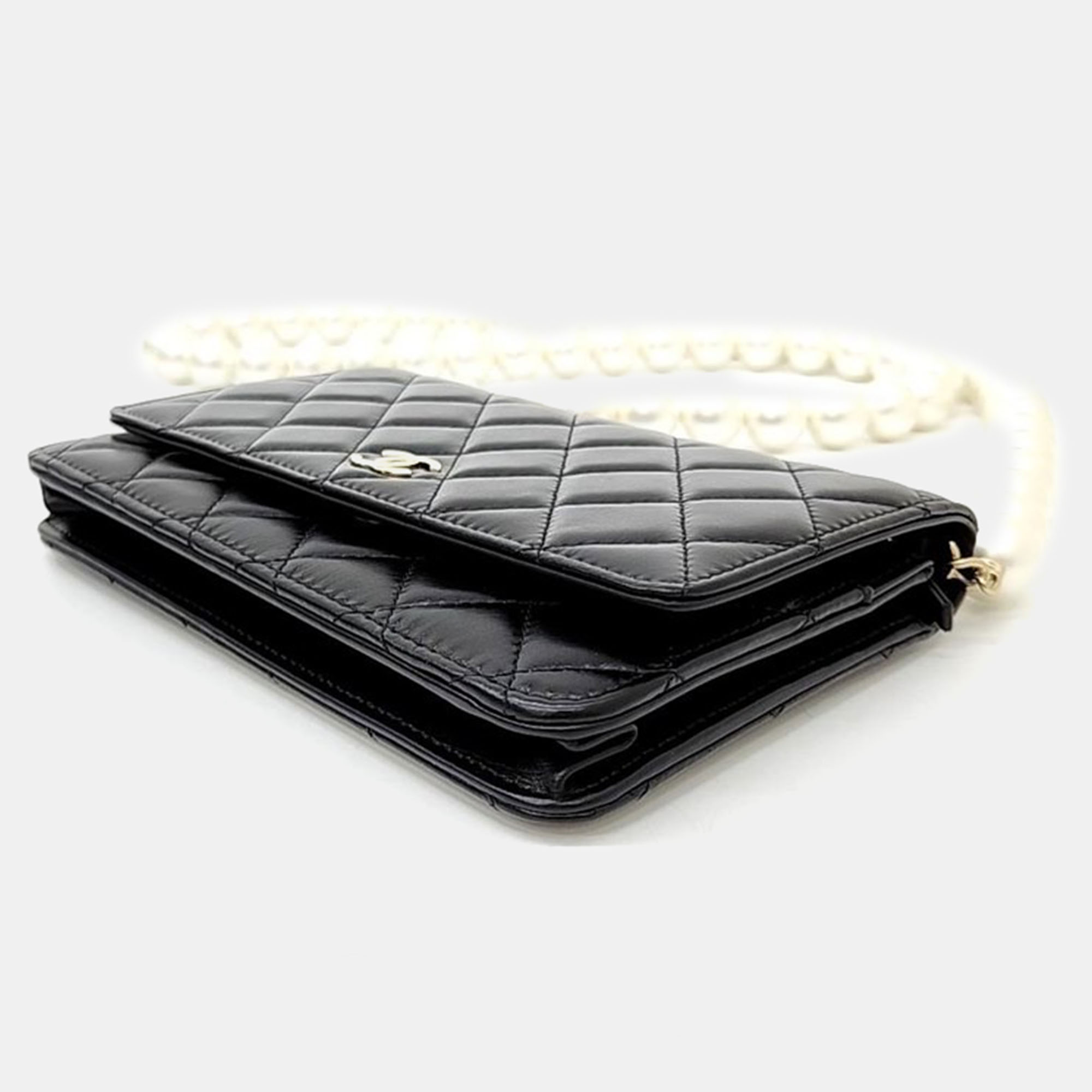 Chanel Black Leather Pearl WOC Mini Cross Bag