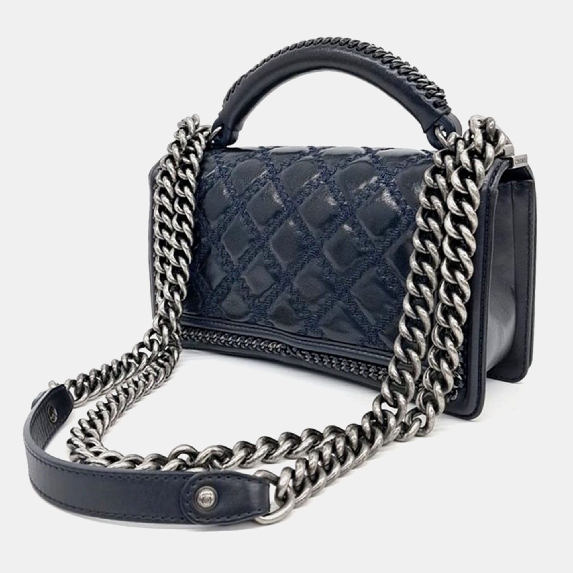 Chanel Navy Blue Boy Medium Top Handle Bag