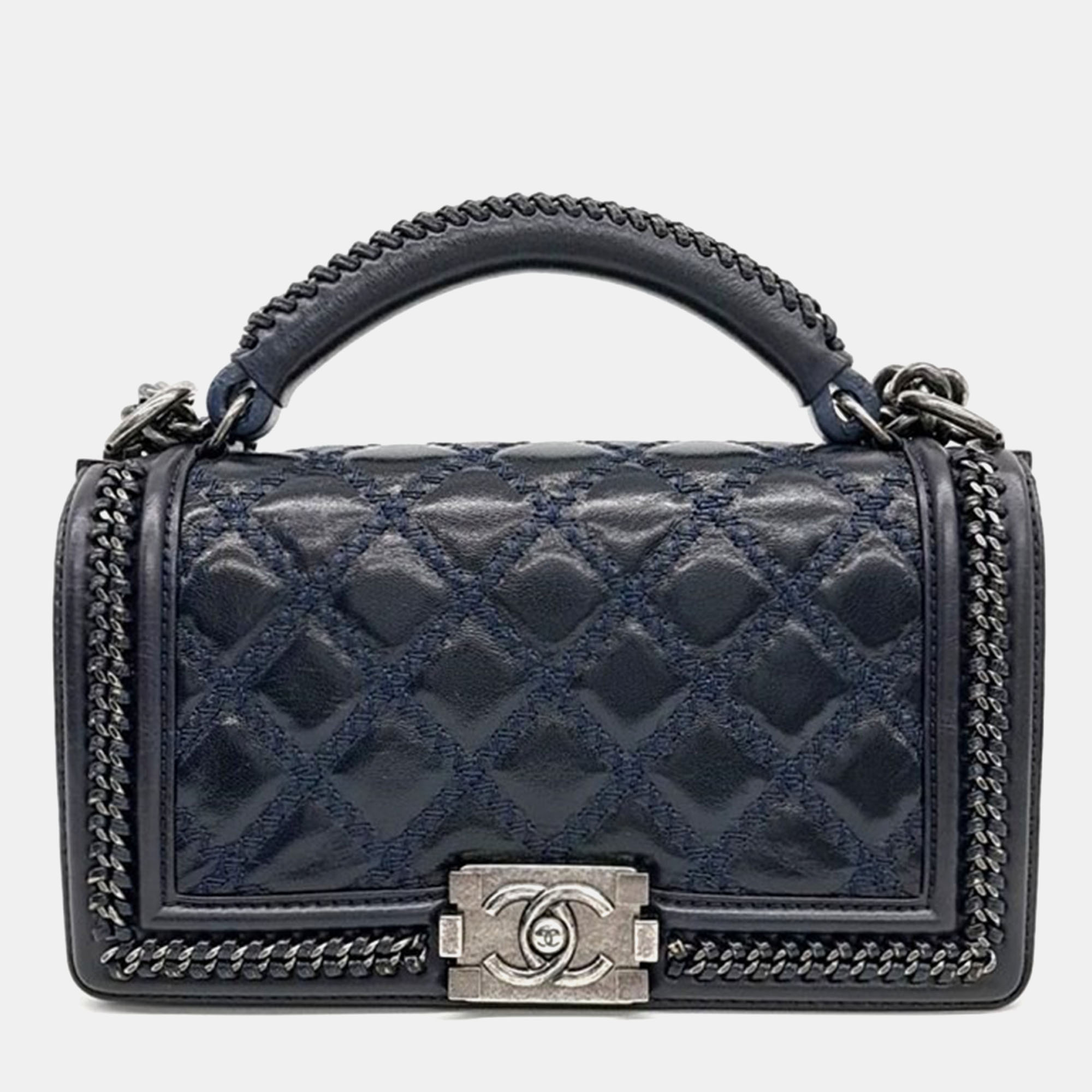 Chanel Navy Blue Boy Medium Top Handle Bag