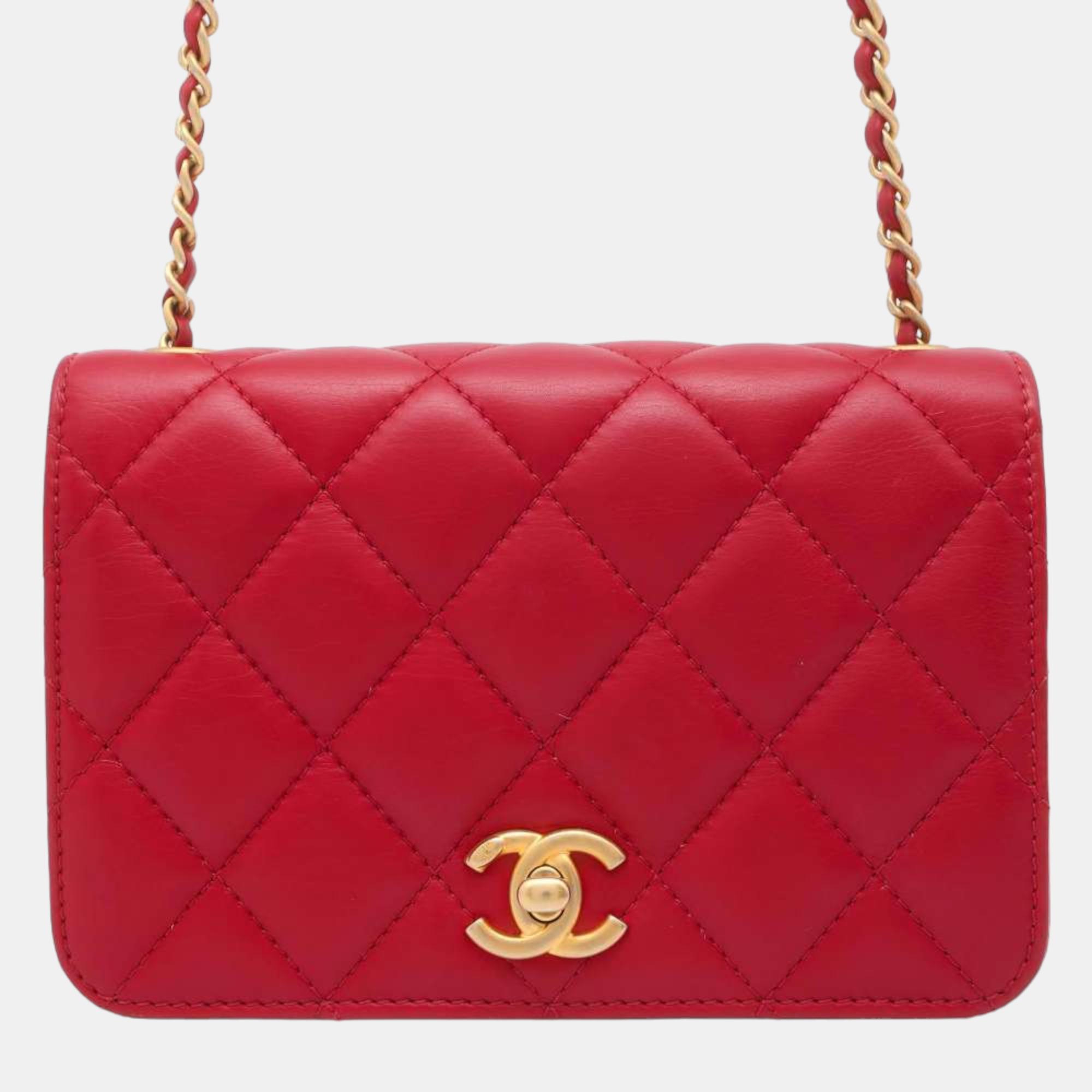 Chanel Red Lambskin Flap Chain Bag