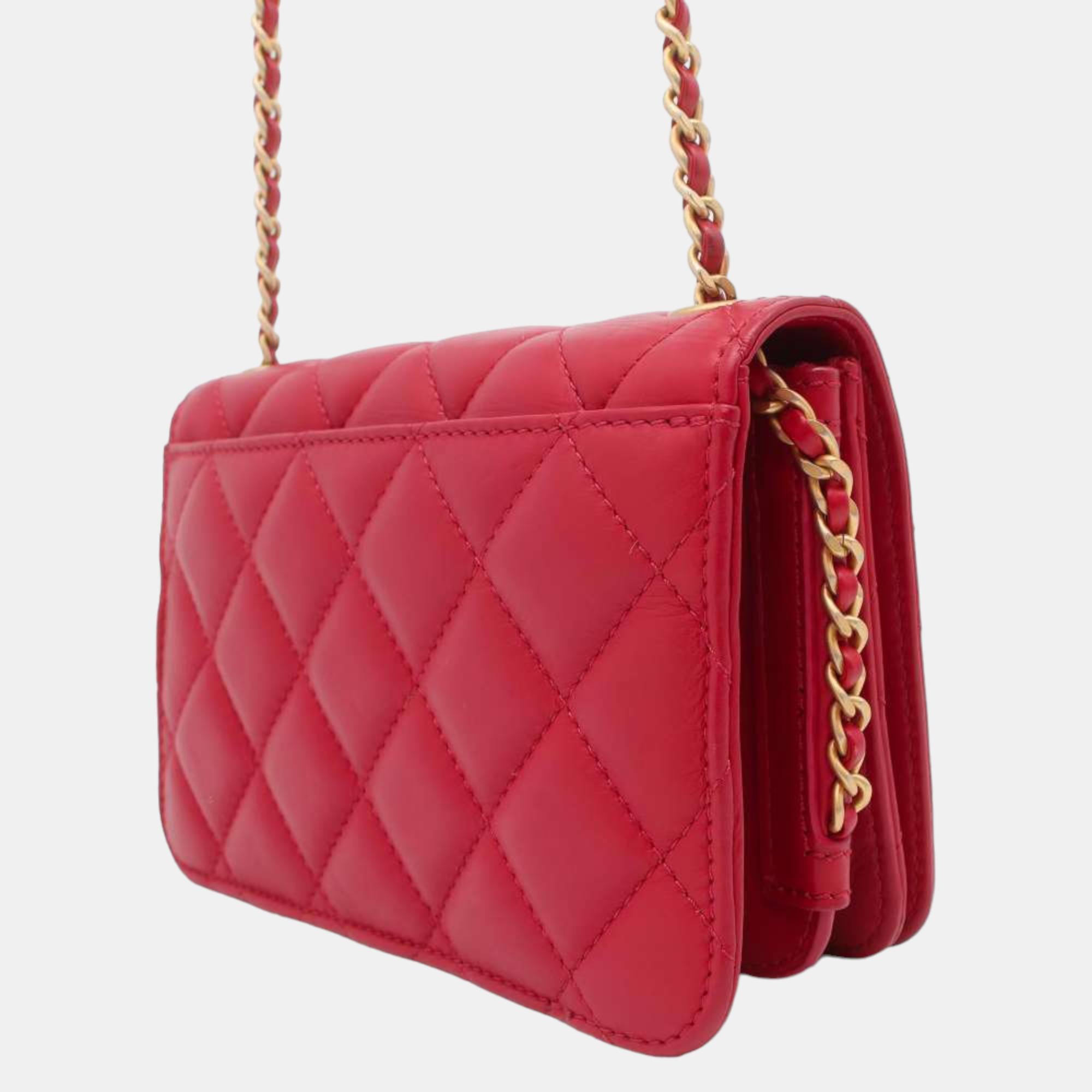 Chanel Red Lambskin Flap Chain Bag