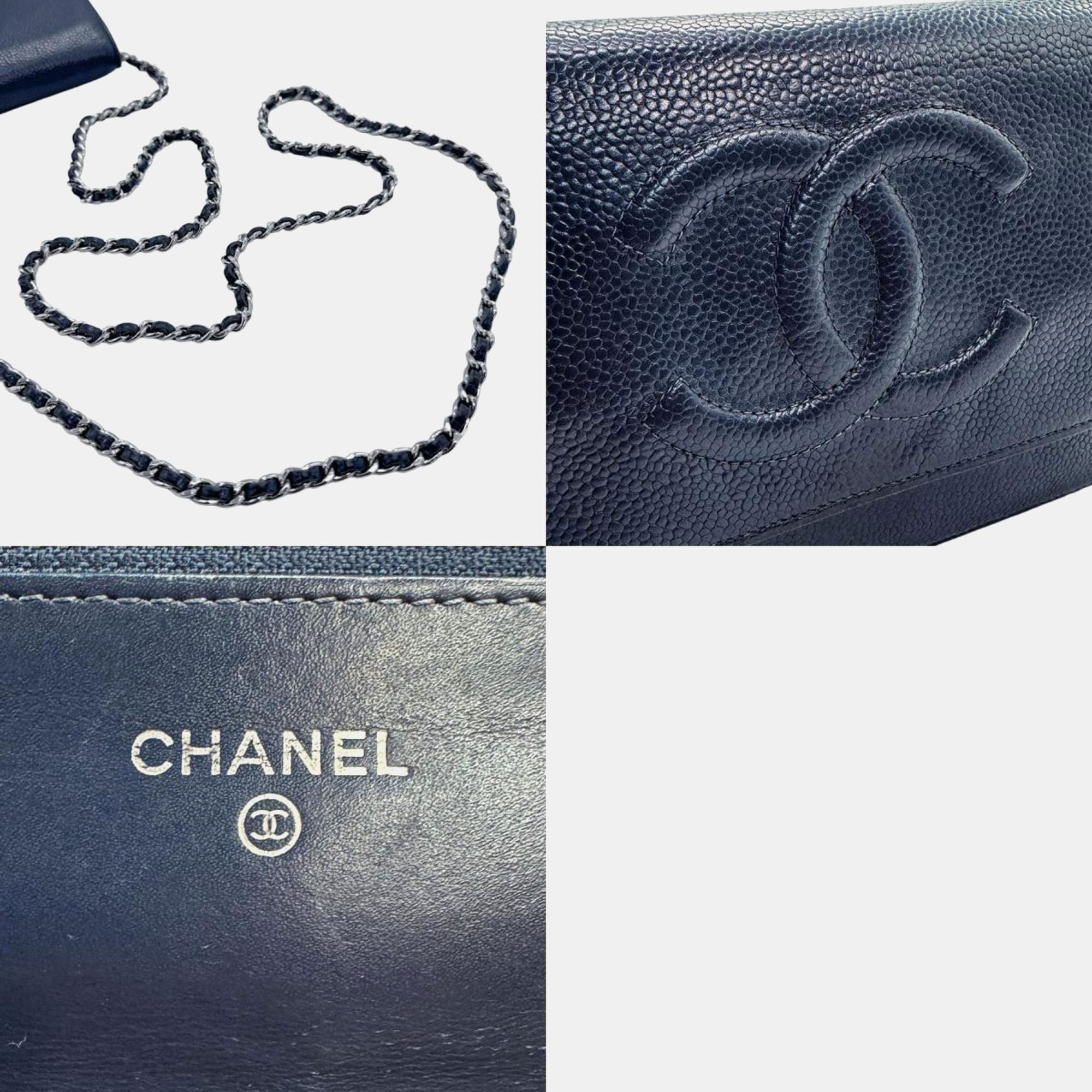 Chanel Navy Blue Leather  CC Wallet On Chain