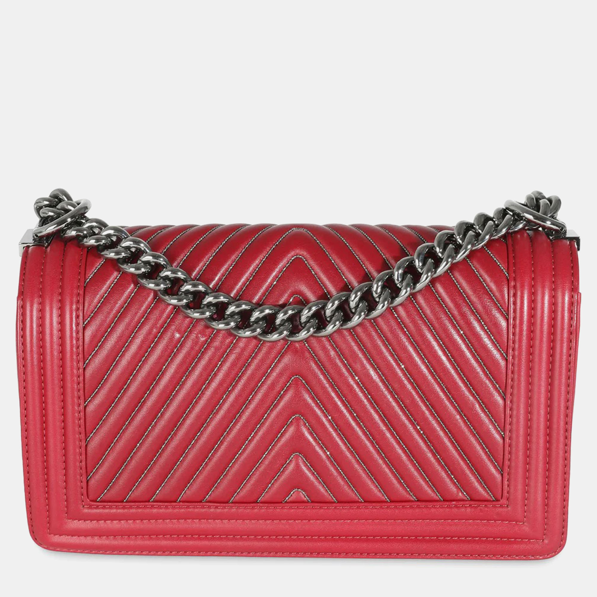 Chanel Burgundy Chevron Calfskin Chain Medium Boy Shoulder Bag