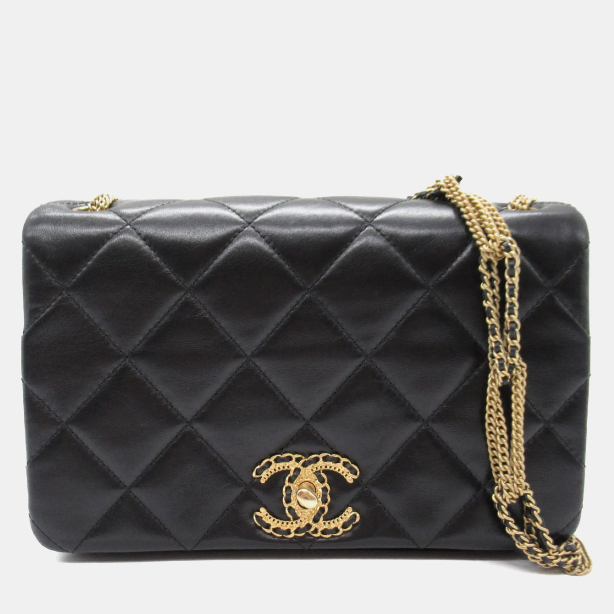 Chanel Black Lambskin Quilted On And On Medium Chain Flap Bag