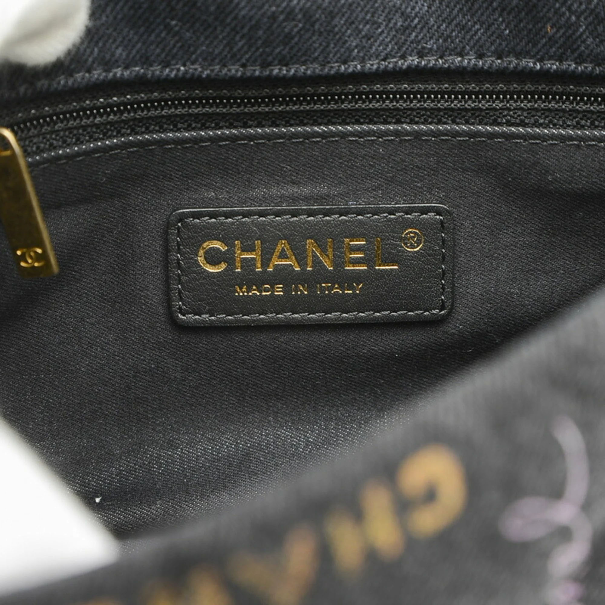 Chanel Black Logo Printed Quilted Denim Small Mood Flap Bag