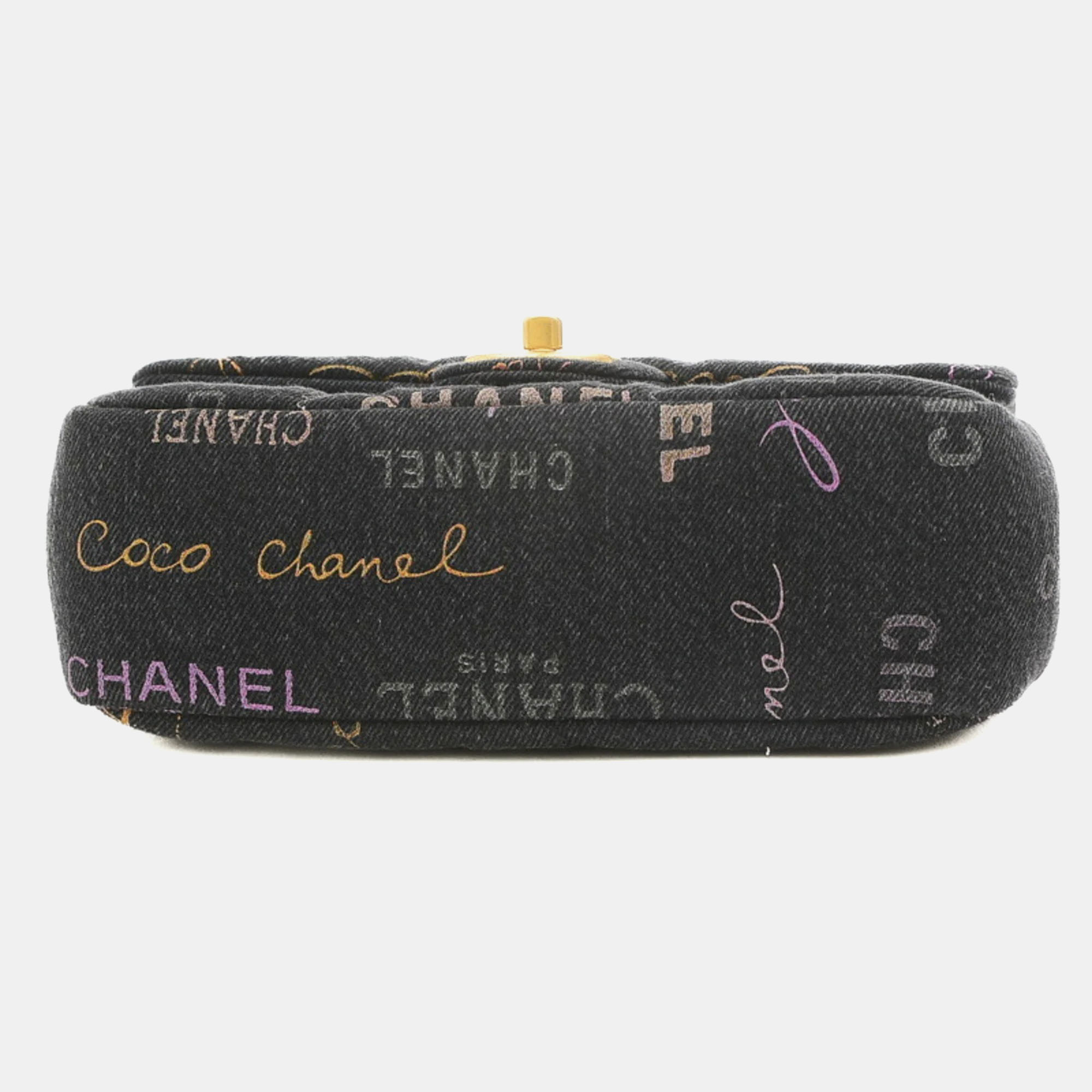 Chanel Black Logo Printed Quilted Denim Small Mood Flap Bag