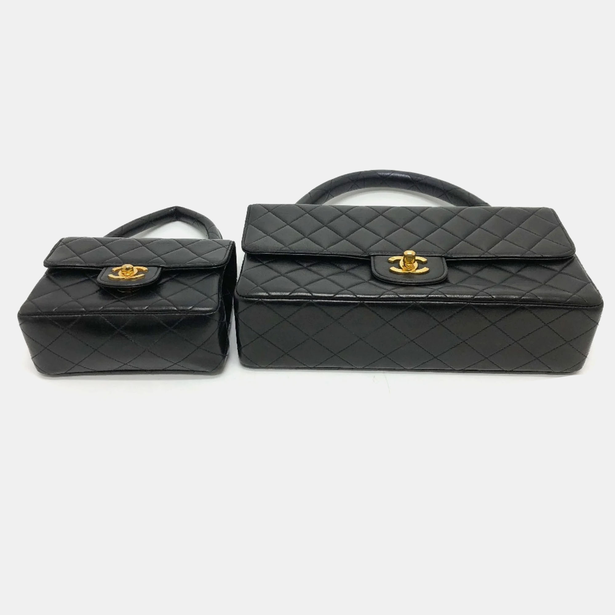 Chanel Black Leather Classic Kelly Top Handle Bag Set