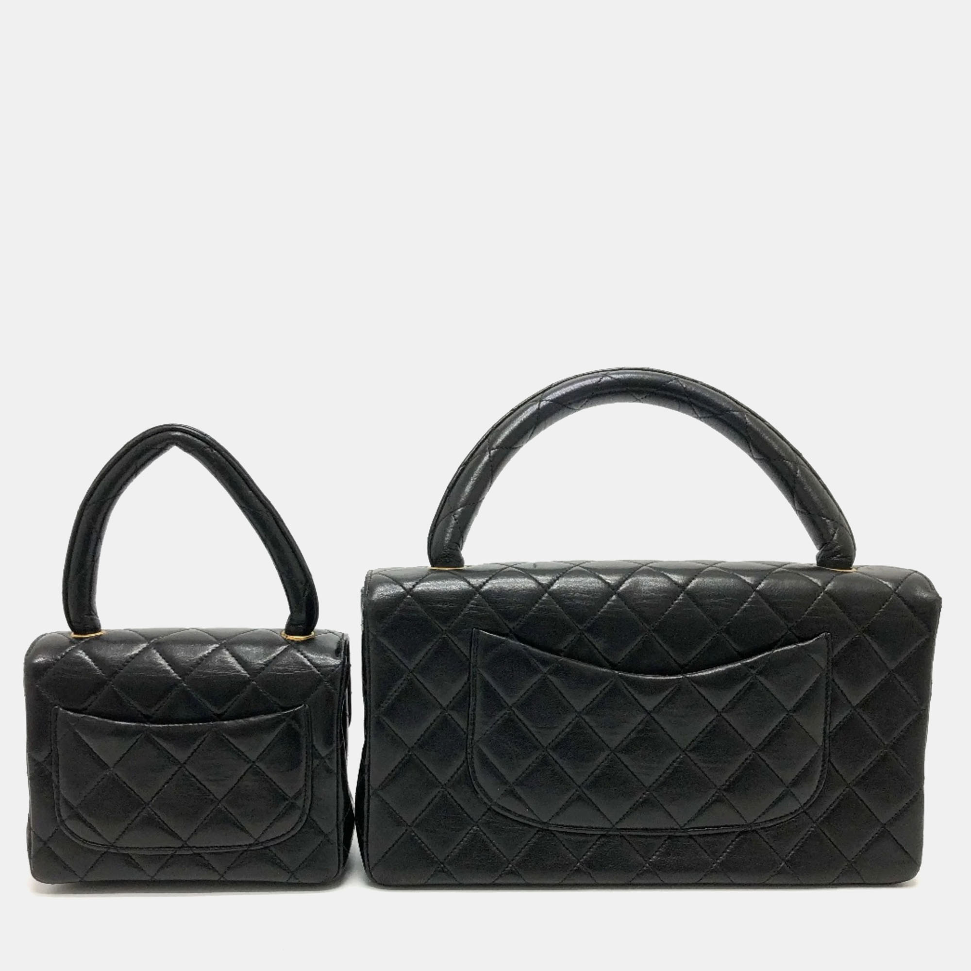 Chanel Black Leather Classic Kelly Top Handle Bag Set