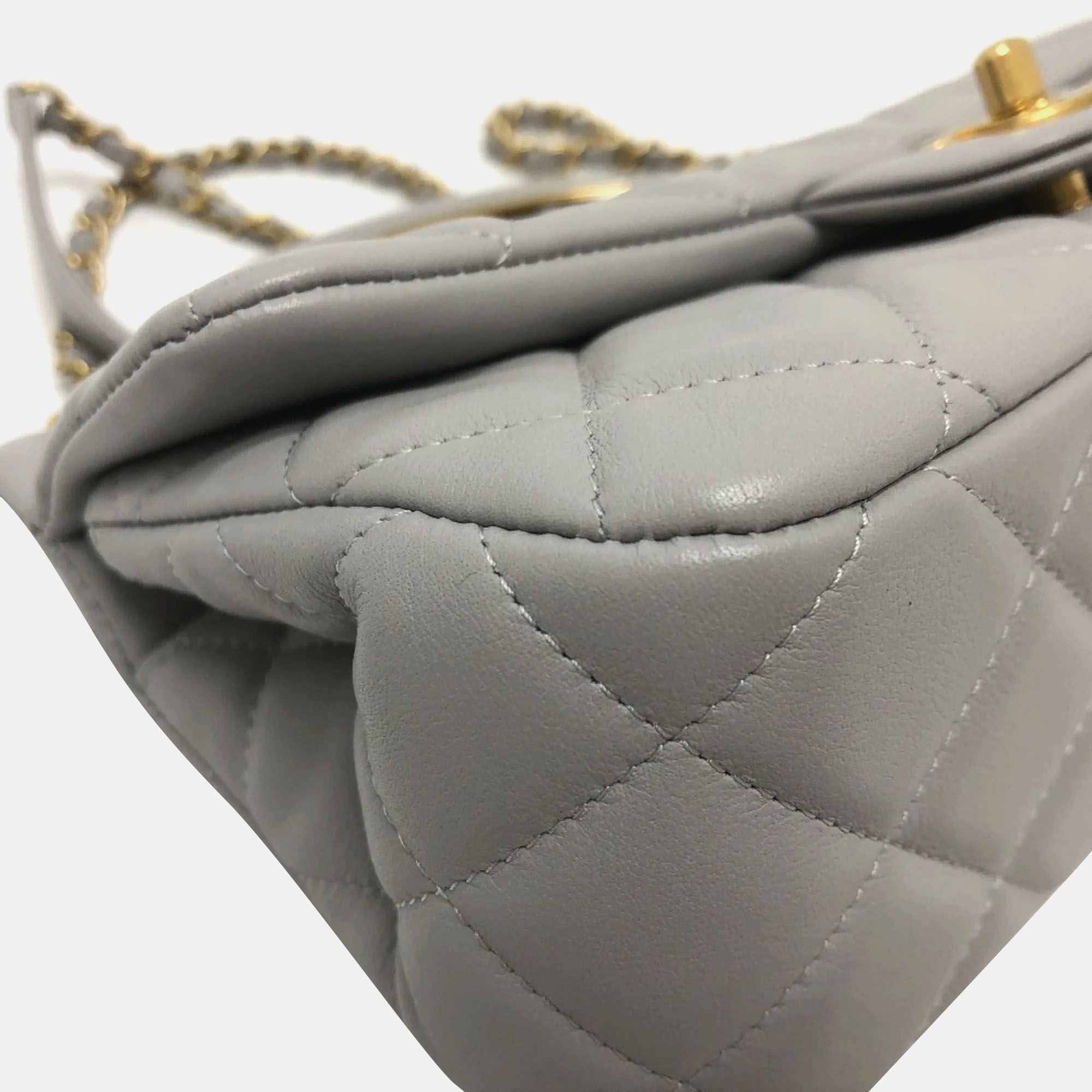 Chanel Grey Calfskin Quilted Small Lady Handle Clutch With Chain