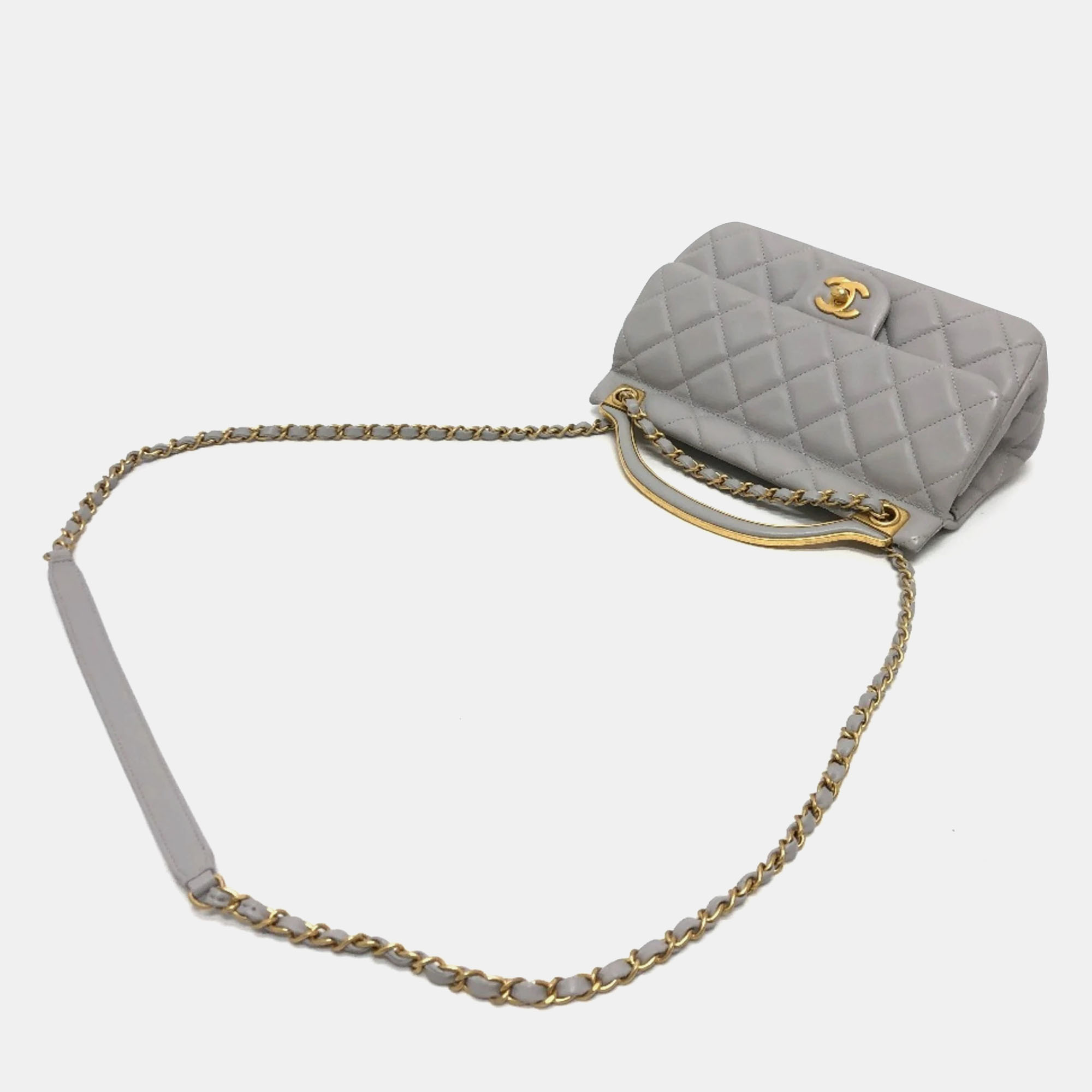 Chanel Grey Calfskin Quilted Small Lady Handle Clutch With Chain