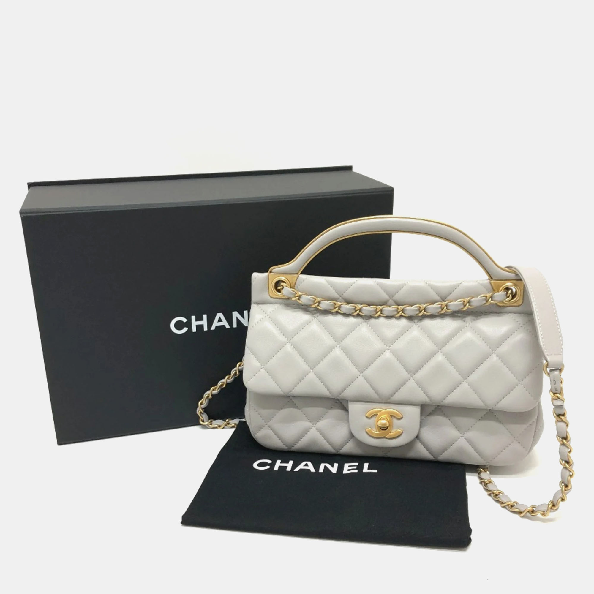 Chanel Grey Calfskin Quilted Small Lady Handle Clutch With Chain