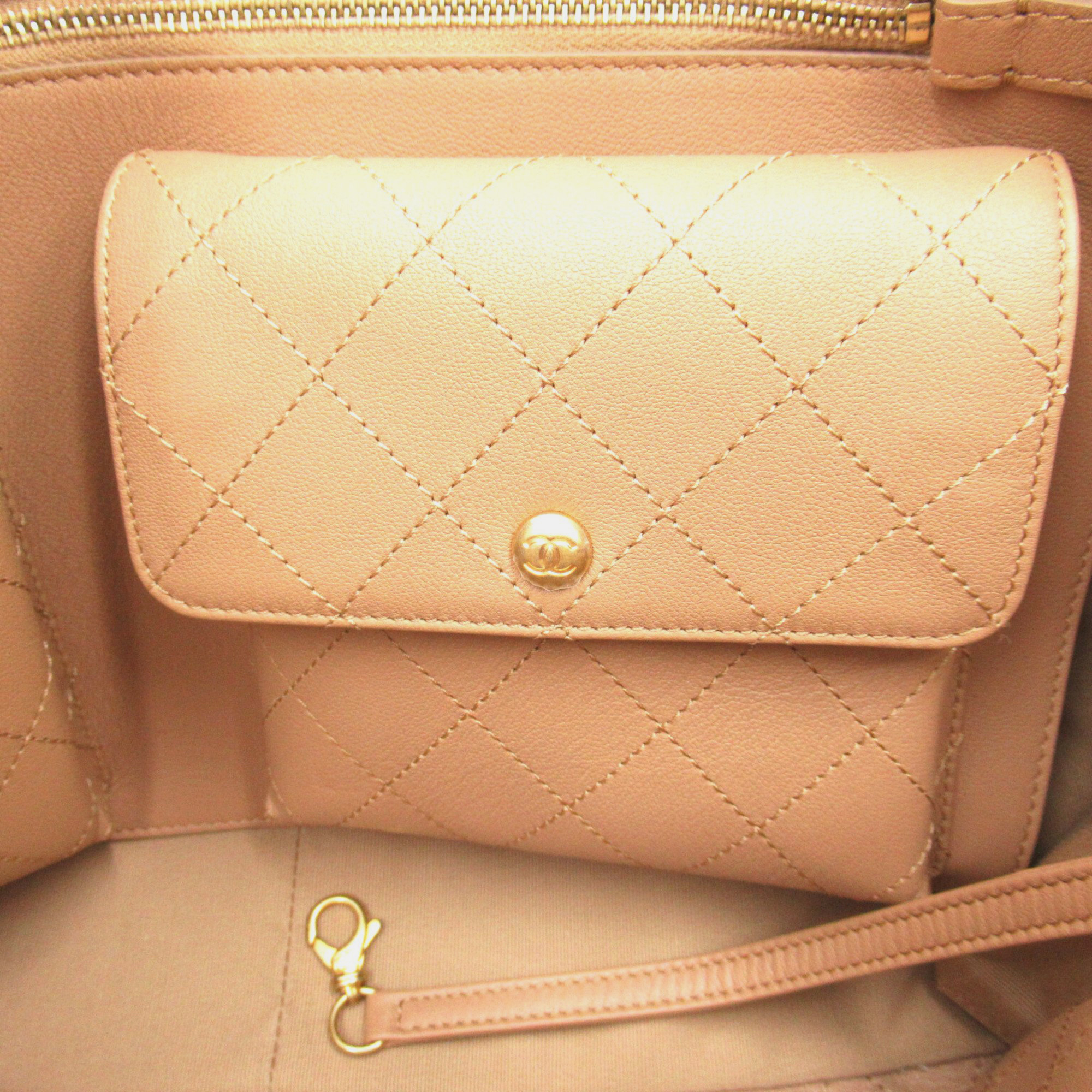 Chanel Beige Calfskin Quilted Book Pocket Shopping Tote Bag