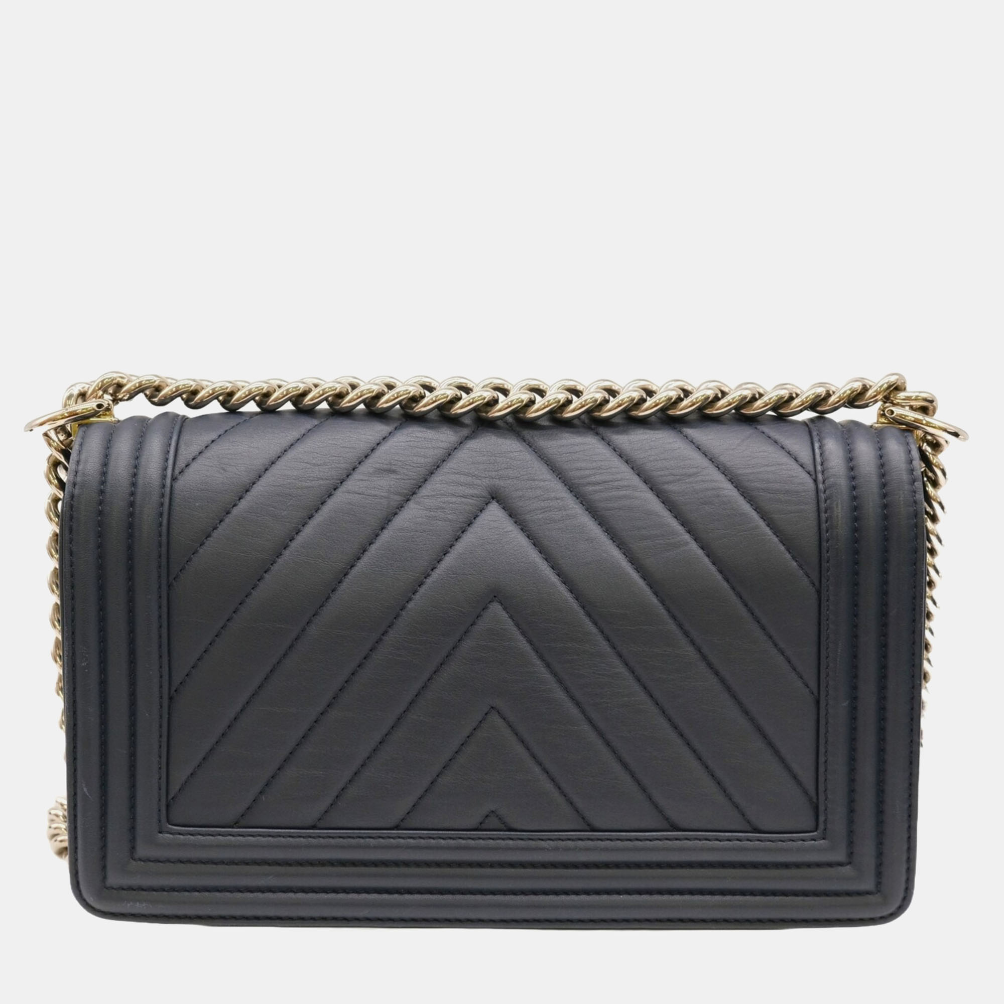 Chanel Navy Blue Lambskin Leather Medium Chevron Boy Shoulder Bag