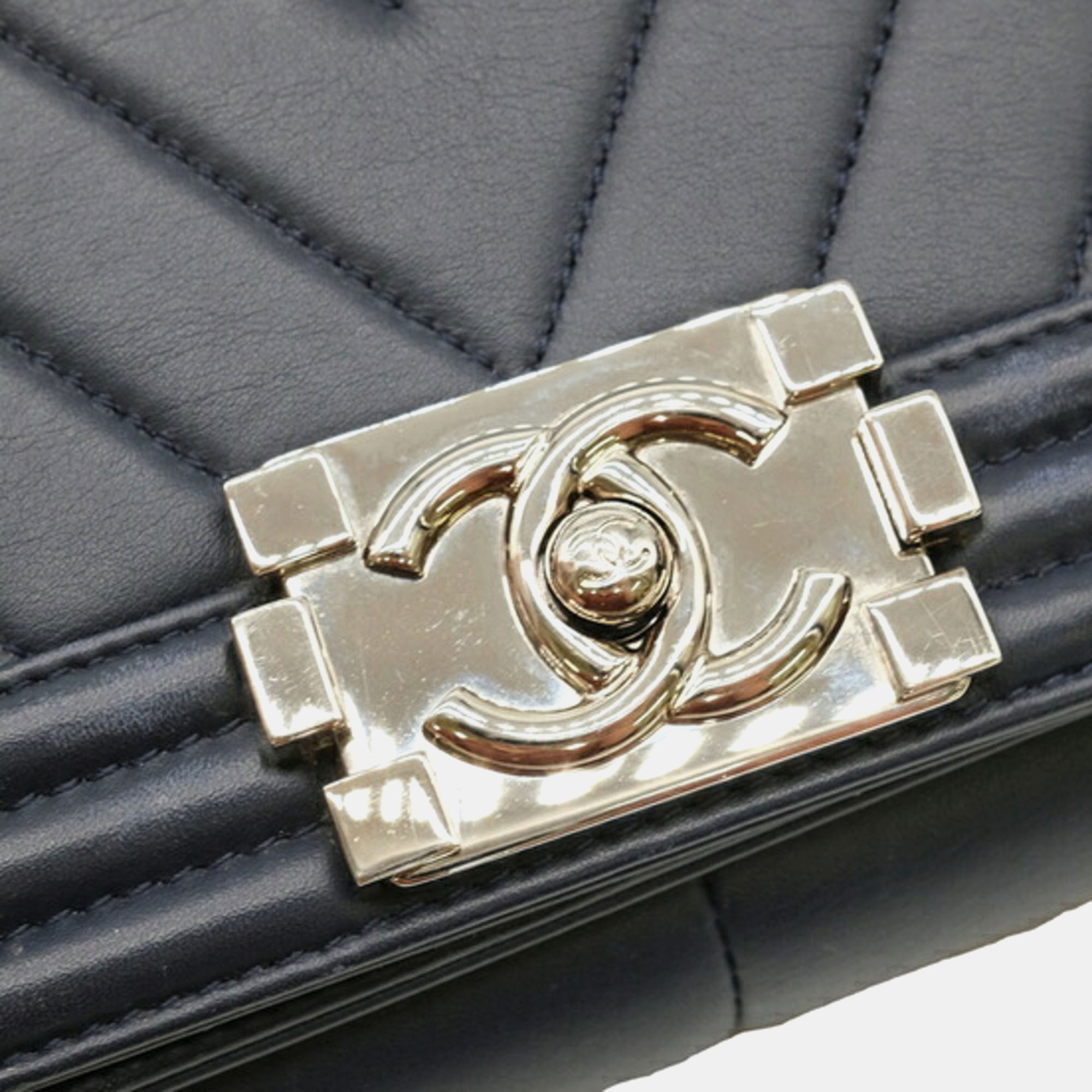 Chanel Navy Blue Lambskin Leather Medium Chevron Boy Shoulder Bag