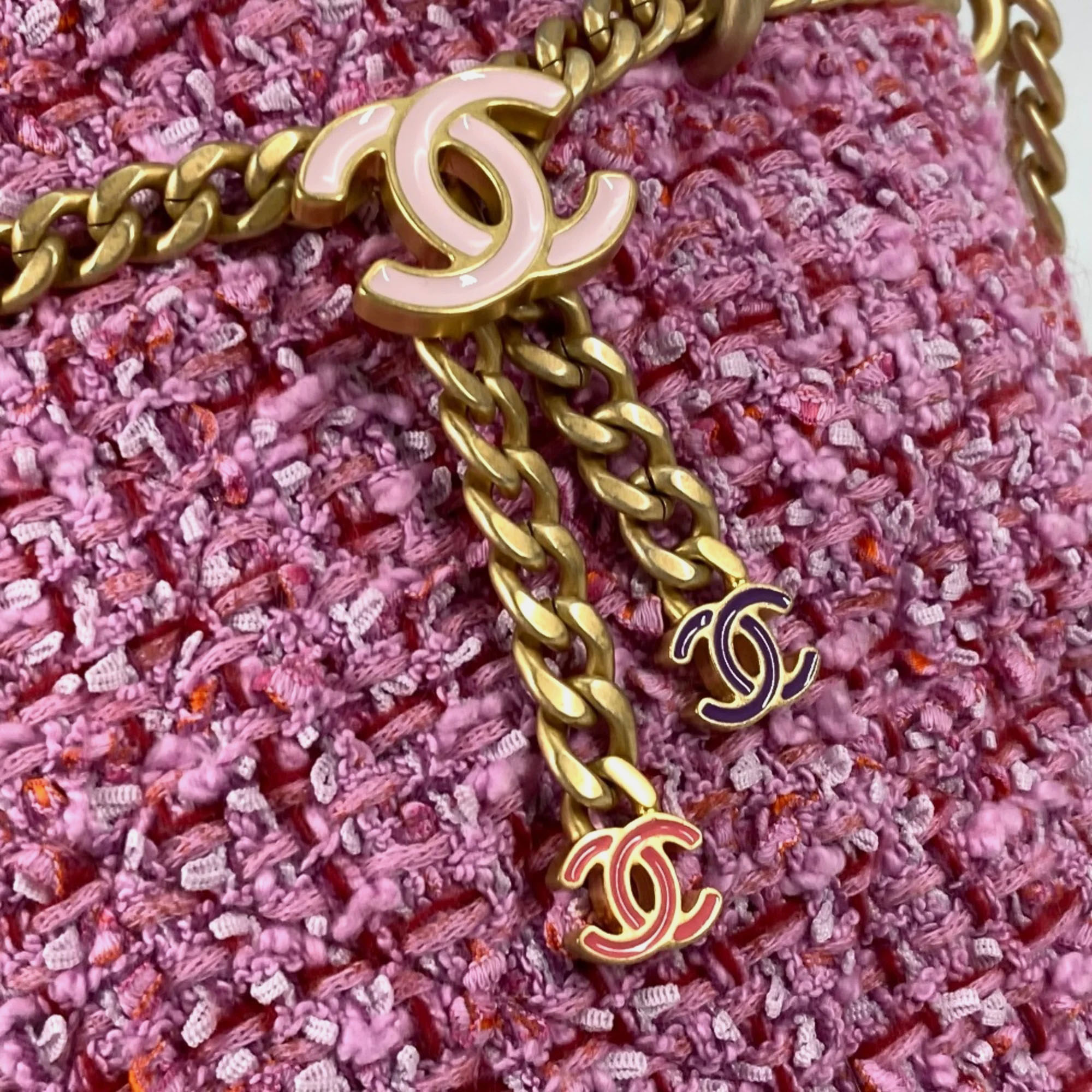 Chanel Tweed Enamel Quilted Pending CC Bucket Drawstring Shoulder Bags