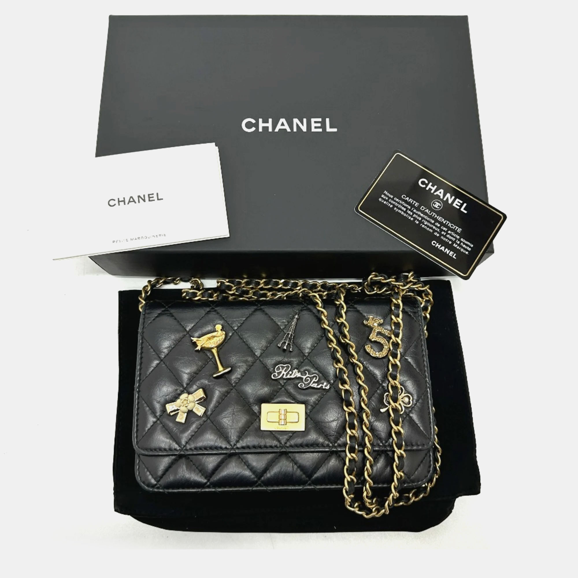 Chanel Black Aged Calfskin Quilted Lucky Charms 2.55 Reissue Wallet On Chain