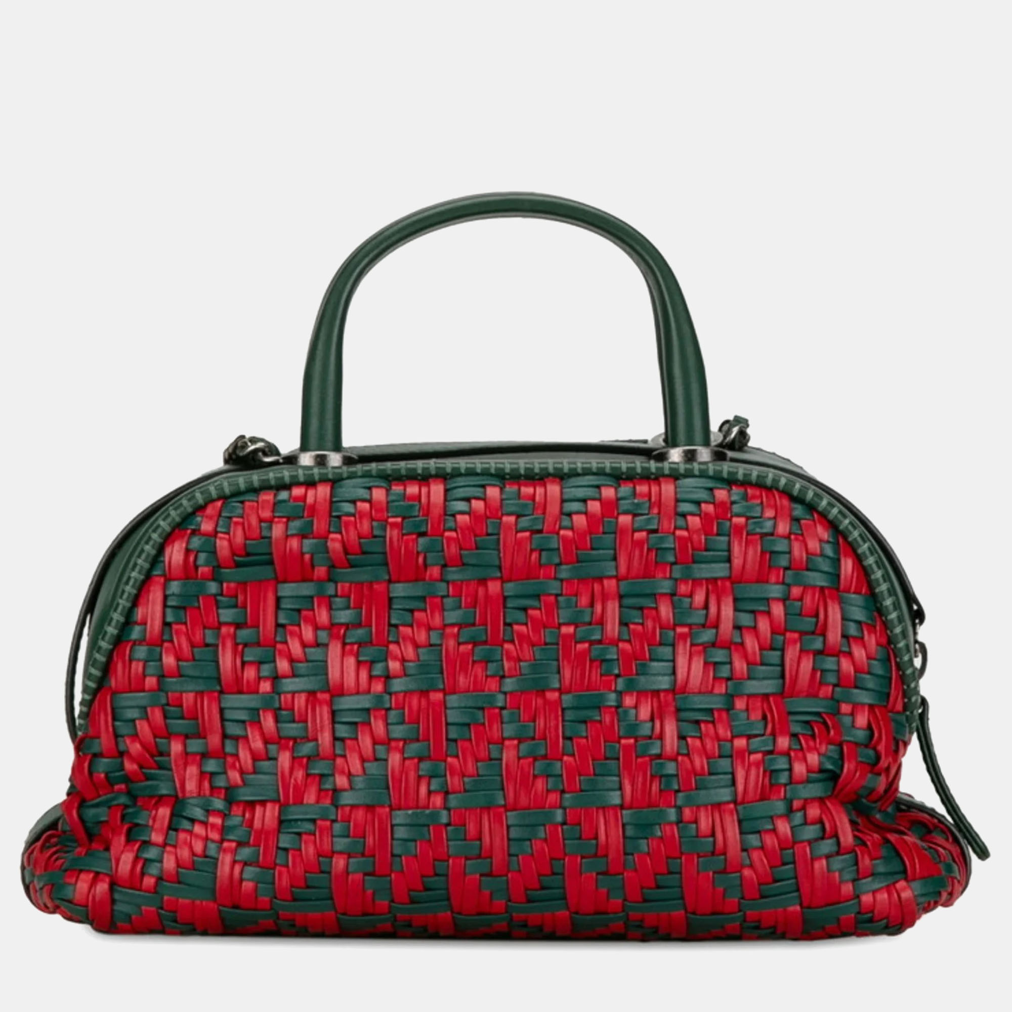 Chanel Green/Red Calfskin Woven Leather Bowling Bag