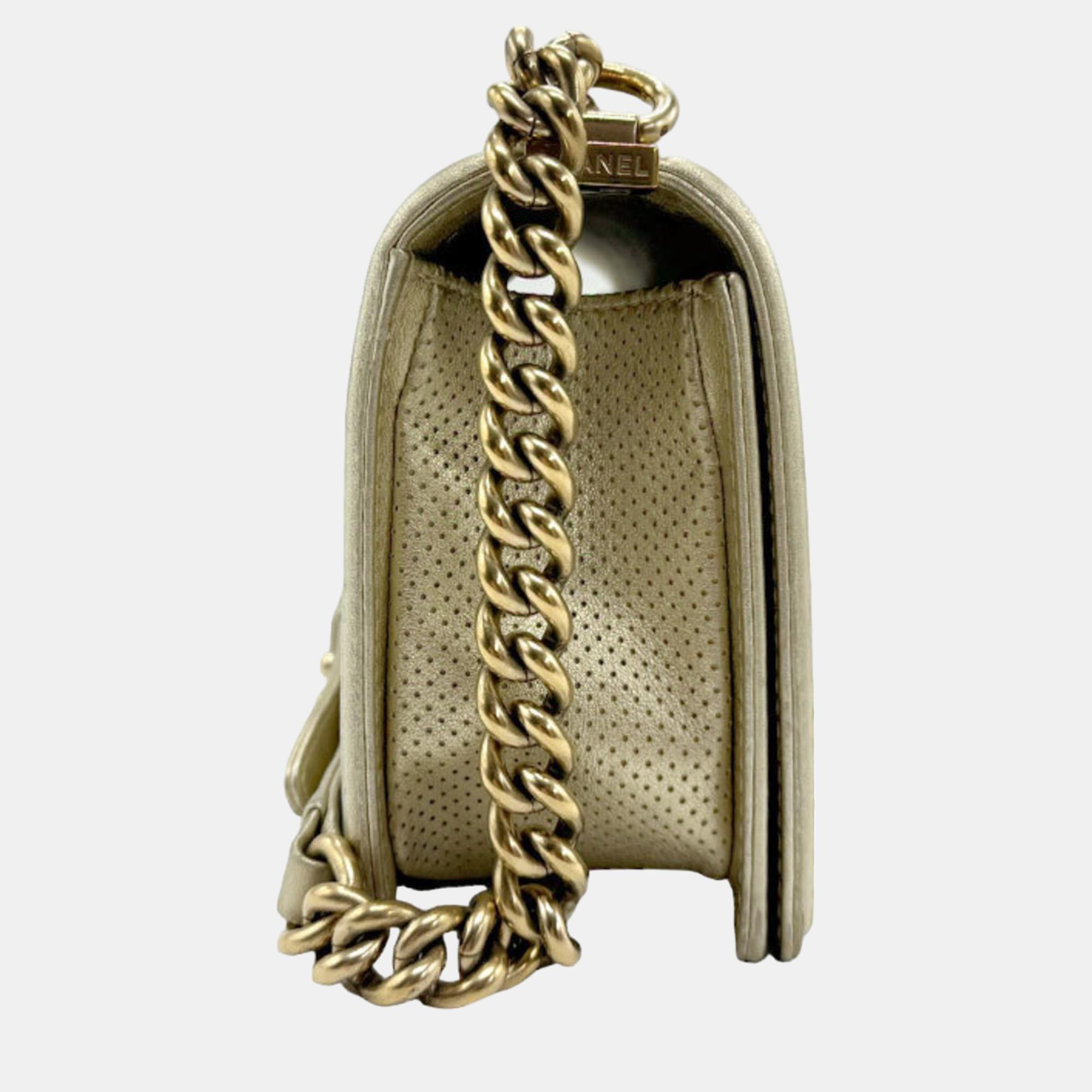 Chanel Light Gold Perforated Leather Medium Boy Shoulder Bags