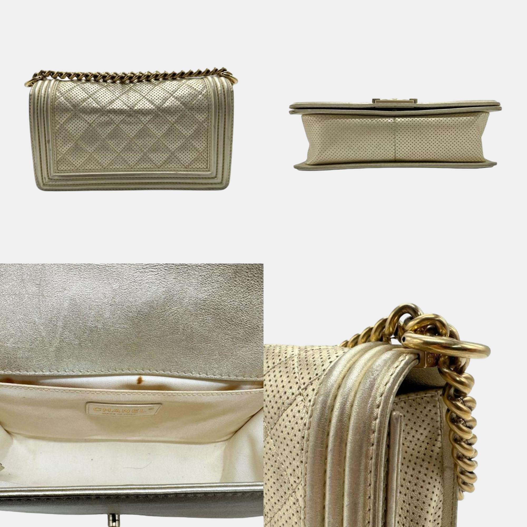 Chanel Light Gold Perforated Leather Medium Boy Shoulder Bags