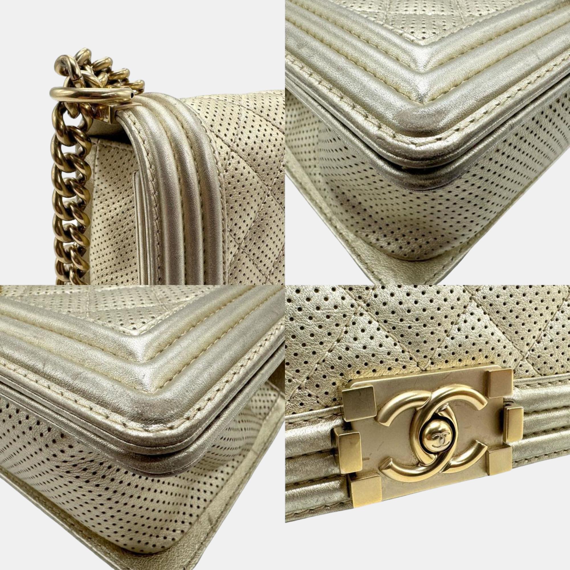 Chanel Light Gold Perforated Leather Medium Boy Shoulder Bags