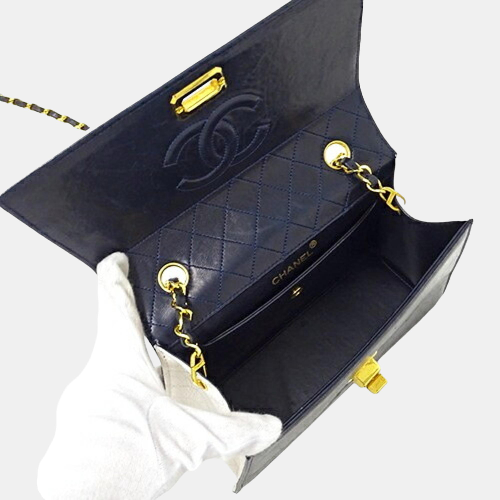 Chanel Navy Blue/White Leather Trapezoid Shoulder Bag