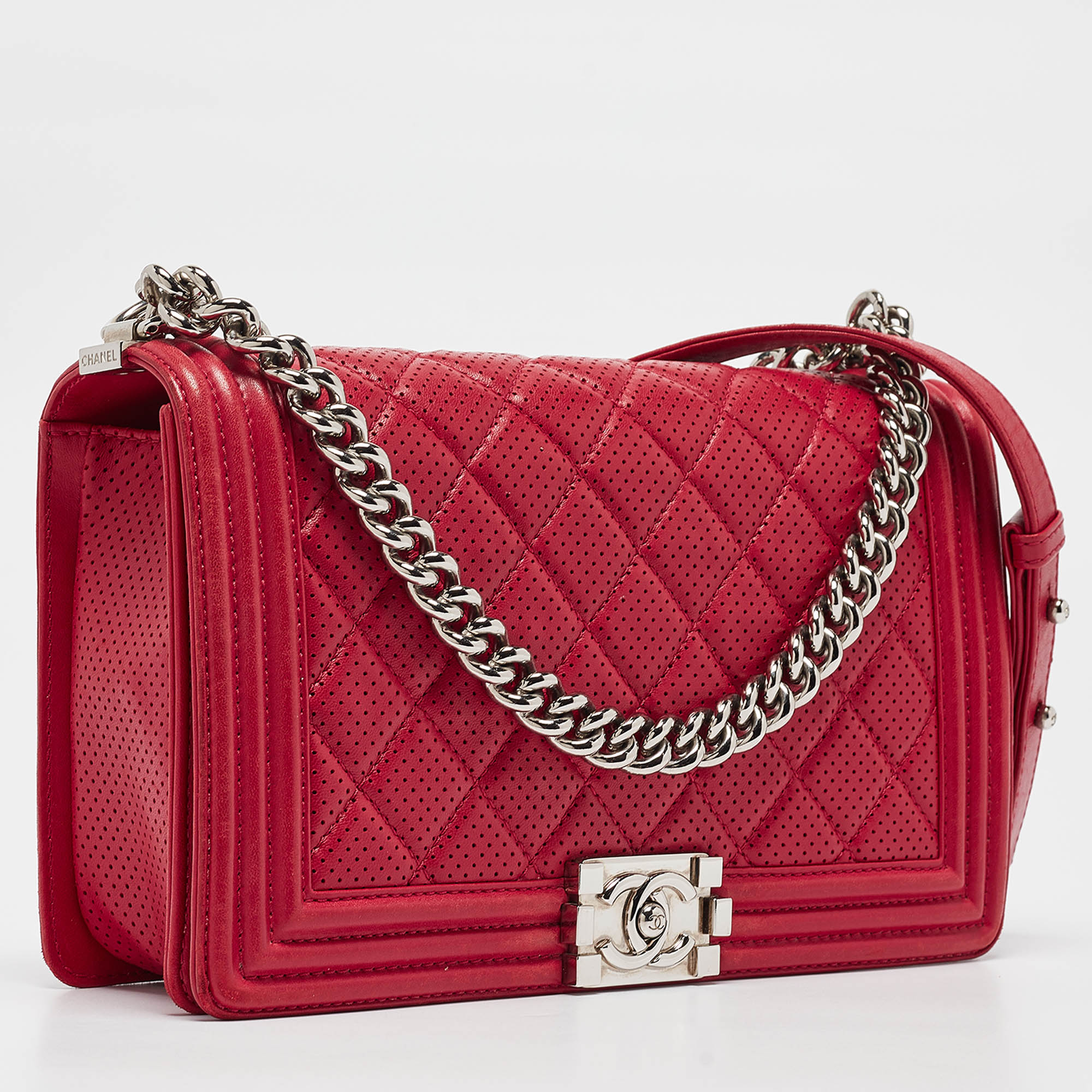 Chanel Red Quilted Perforated Leather New Medium Boy Bag