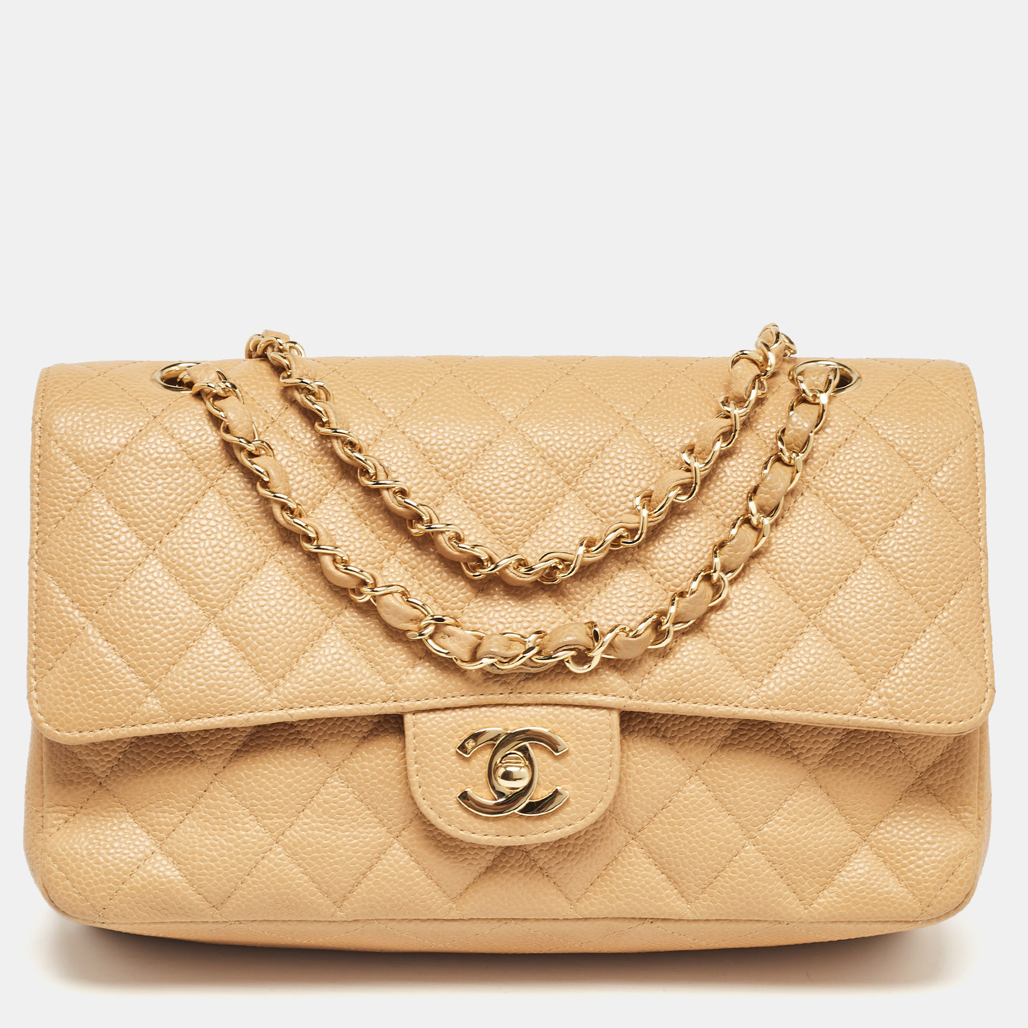 Chanel Beige Caviar Leather Medium Classic Double Flap Bag