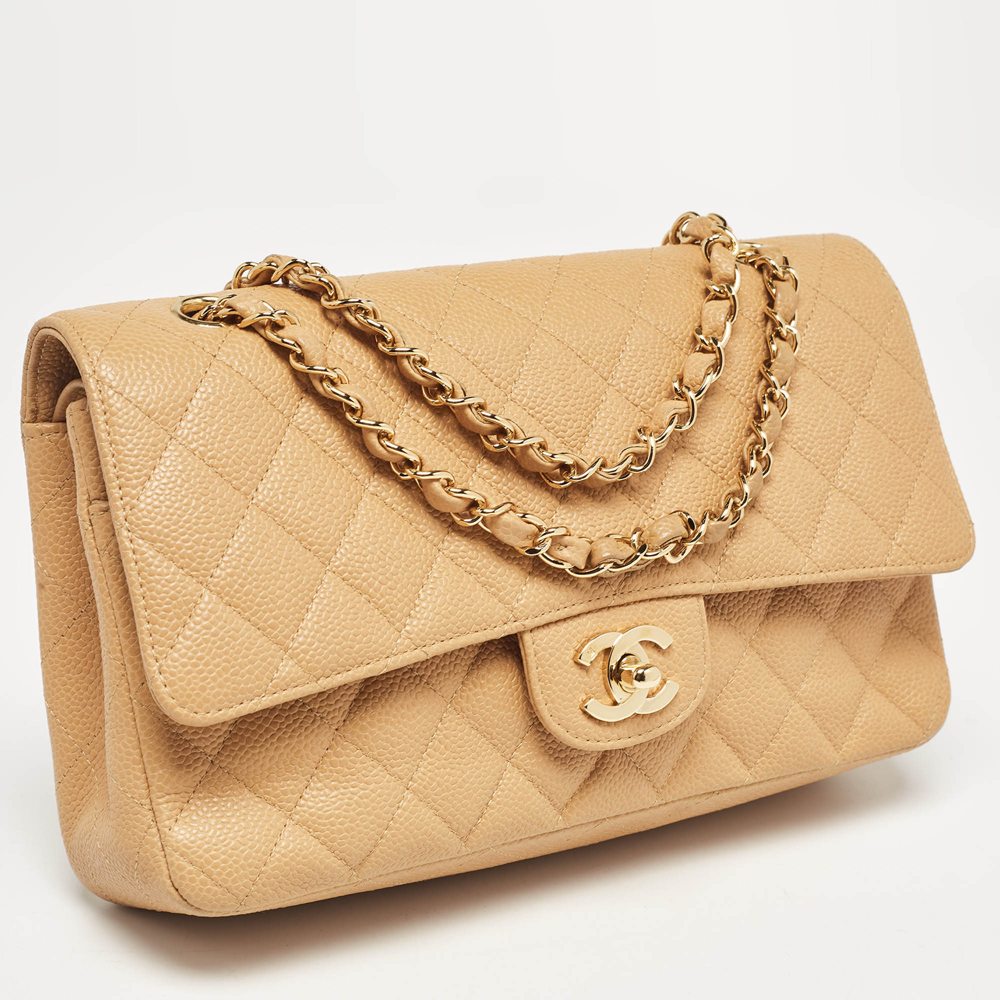 Chanel Beige Caviar Leather Medium Classic Double Flap Bag