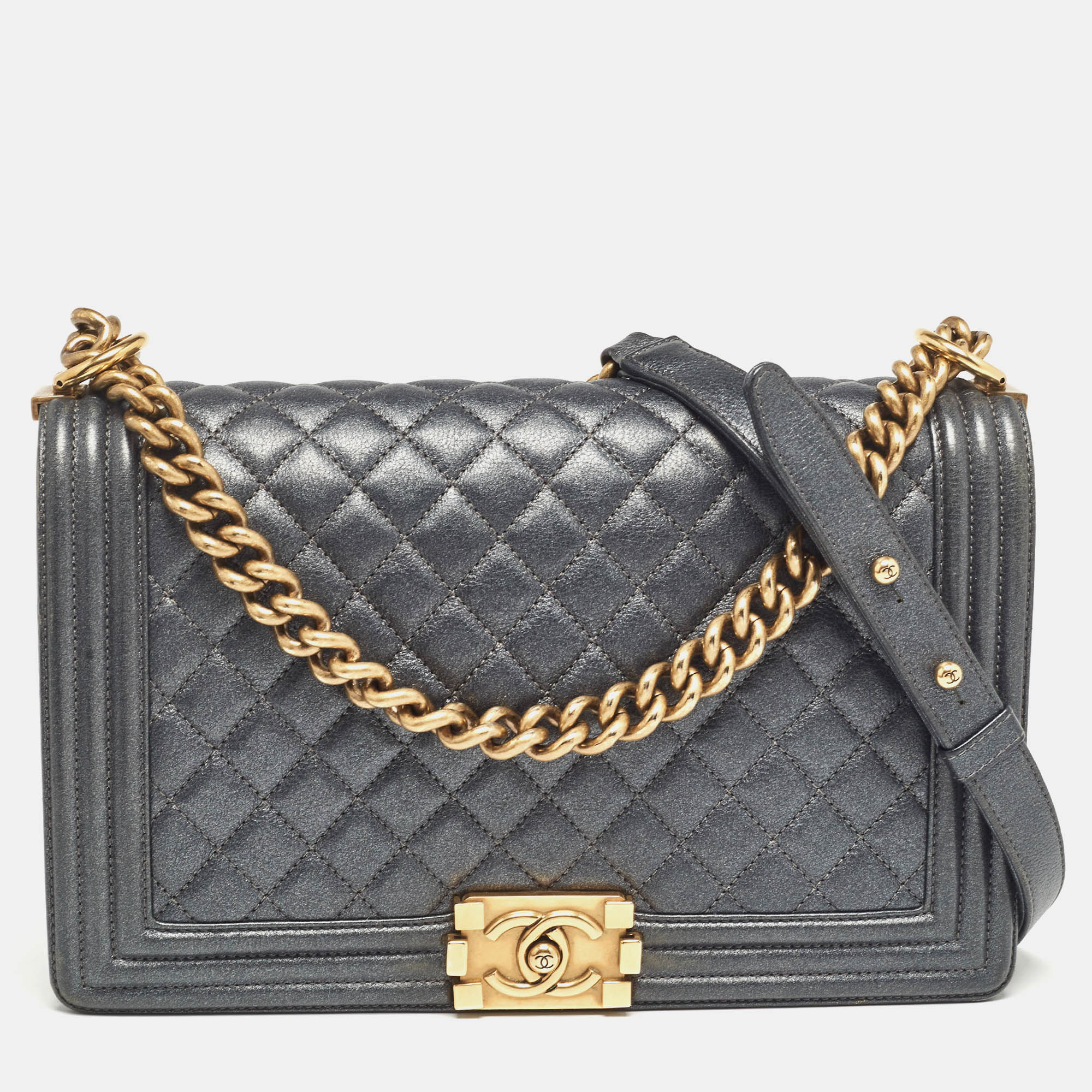 Chanel Grey Quilted Leather New Medium Boy Flap Bag