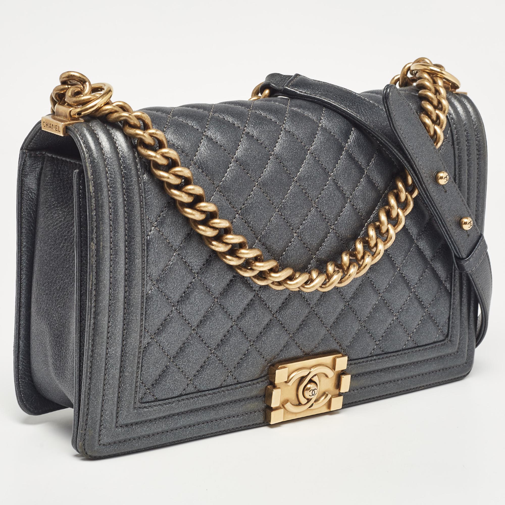 Chanel Grey Quilted Leather New Medium Boy Flap Bag