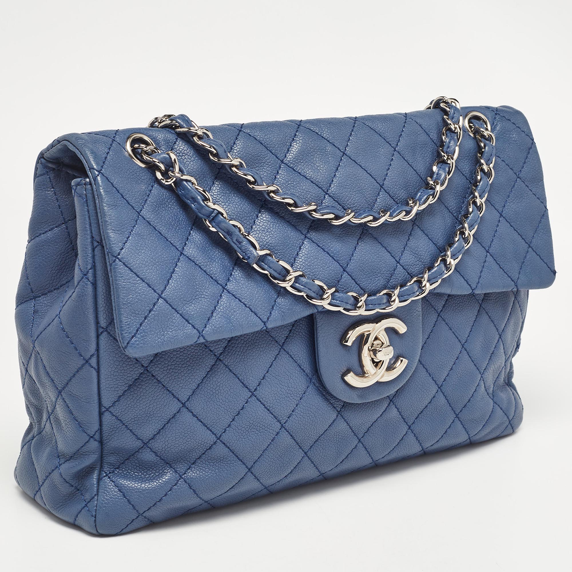 Chanel Blue Quilted Caviar Leather Maxi Classic Single Flap Bag