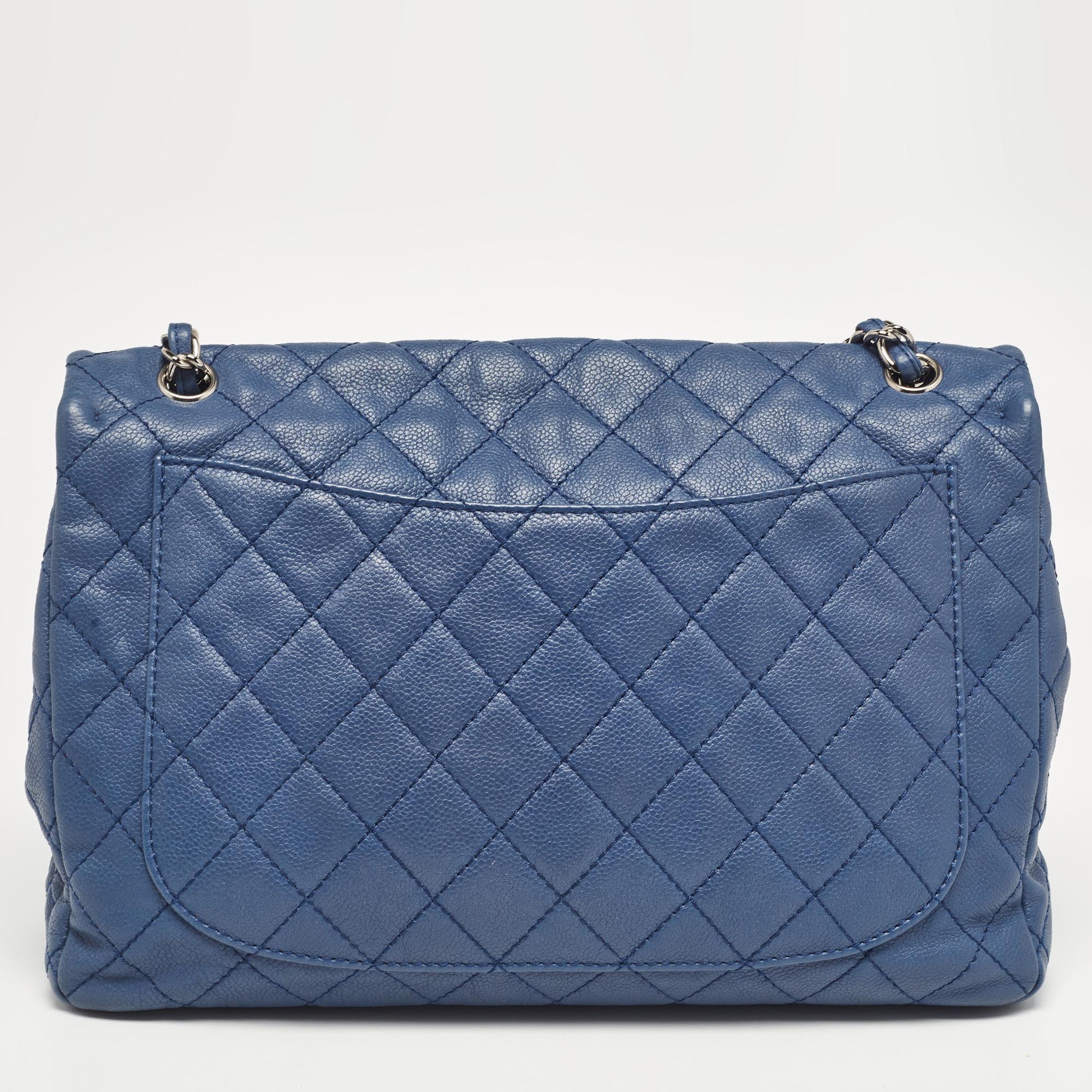 Chanel Blue Quilted Caviar Leather Maxi Classic Single Flap Bag