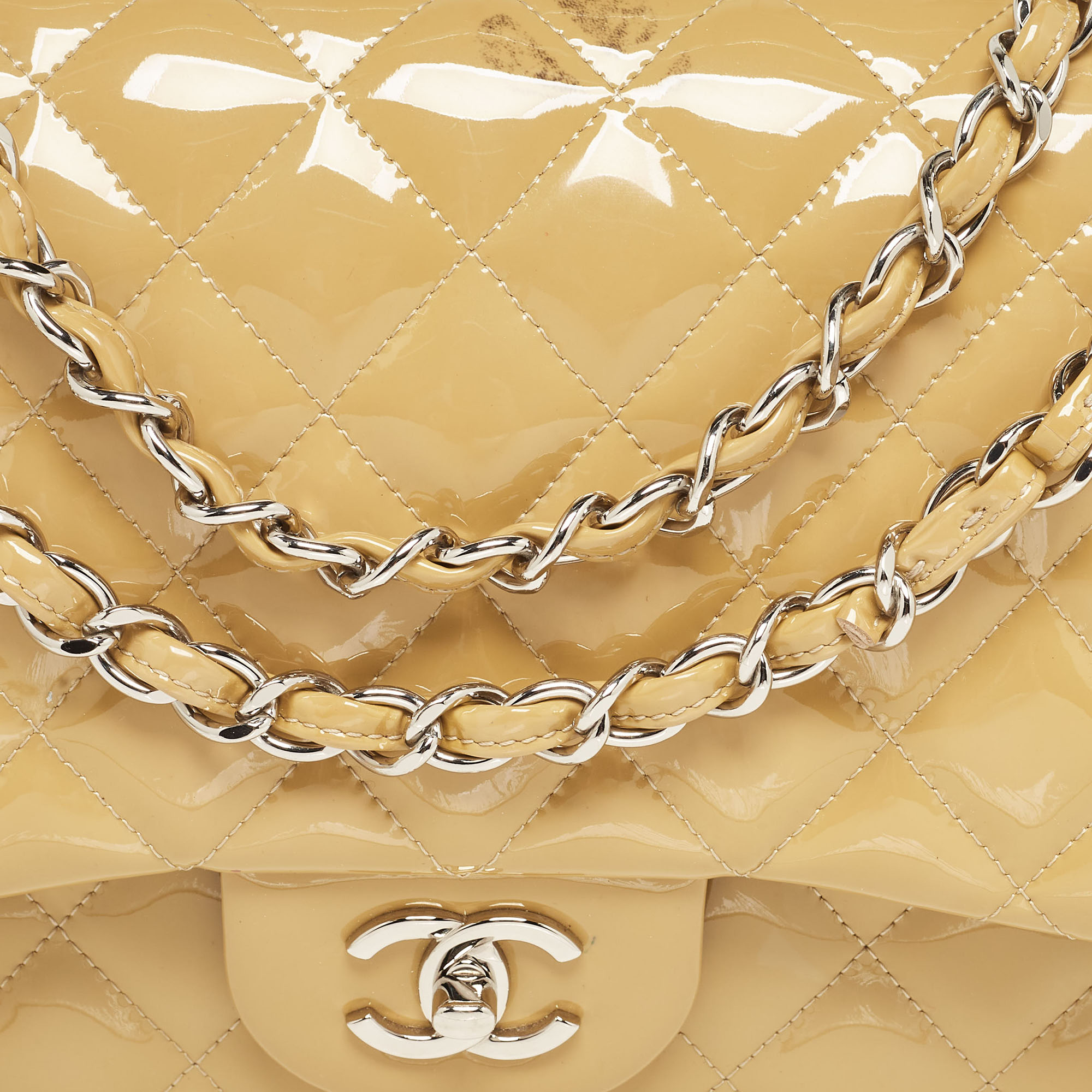 Chanel Cream Quilted Patent Leather Jumbo Classic Double Flap Bag