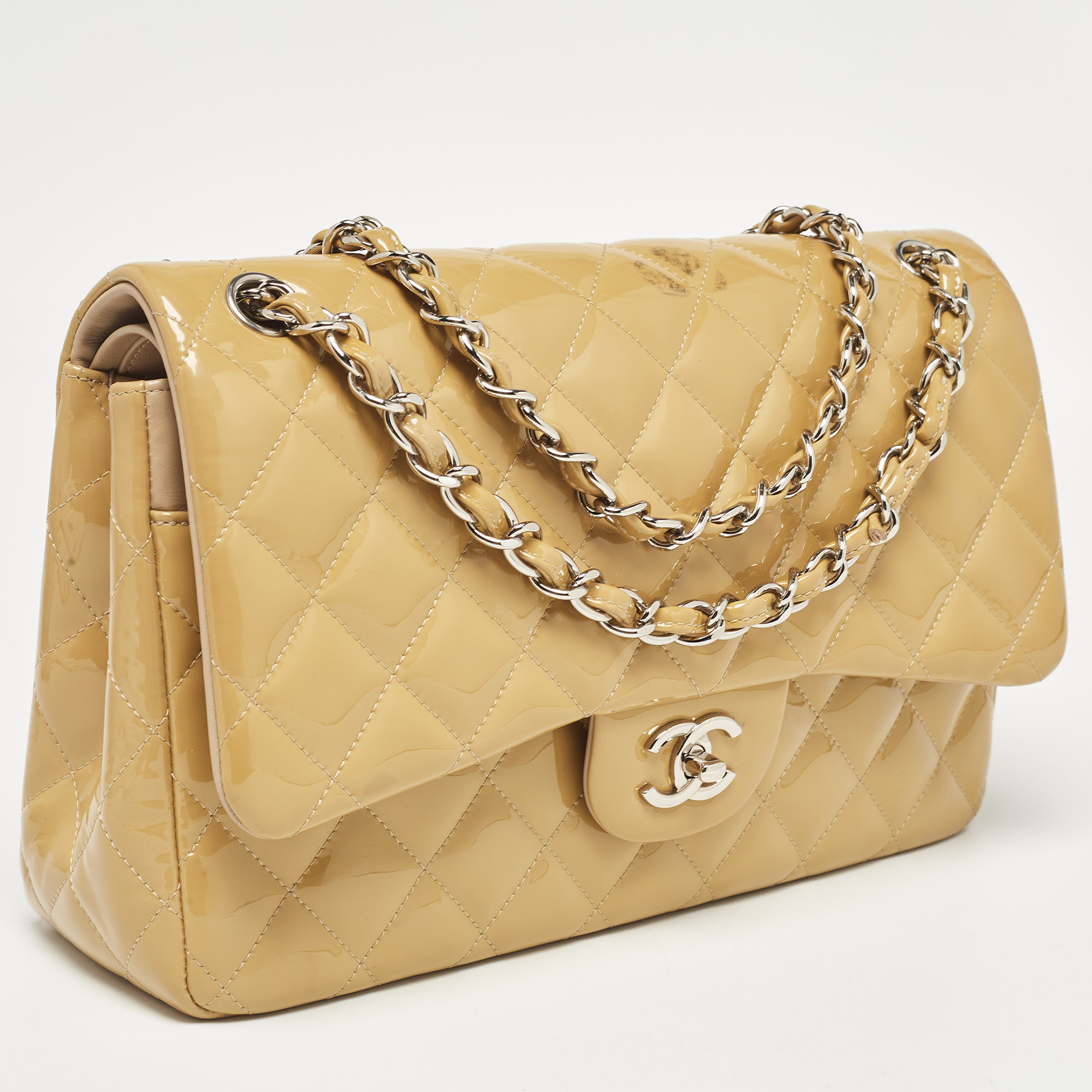 Chanel Cream Quilted Patent Leather Jumbo Classic Double Flap Bag