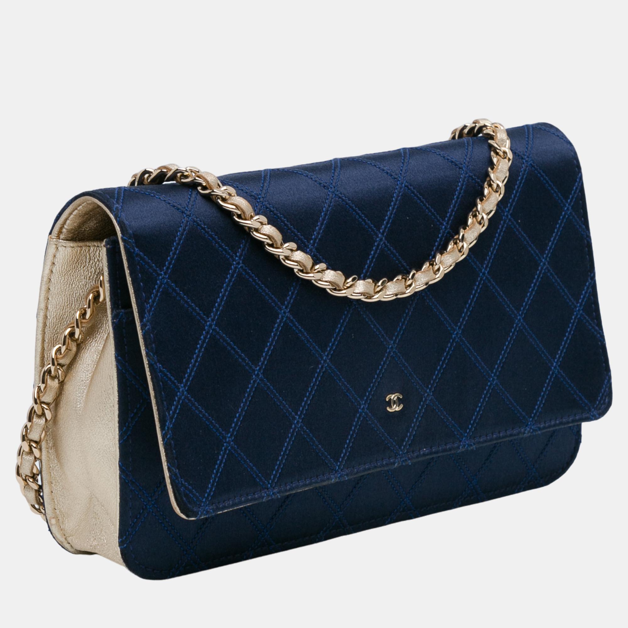 Chanel Navy Blue Satin Diamond Stitch Wallet On Chain