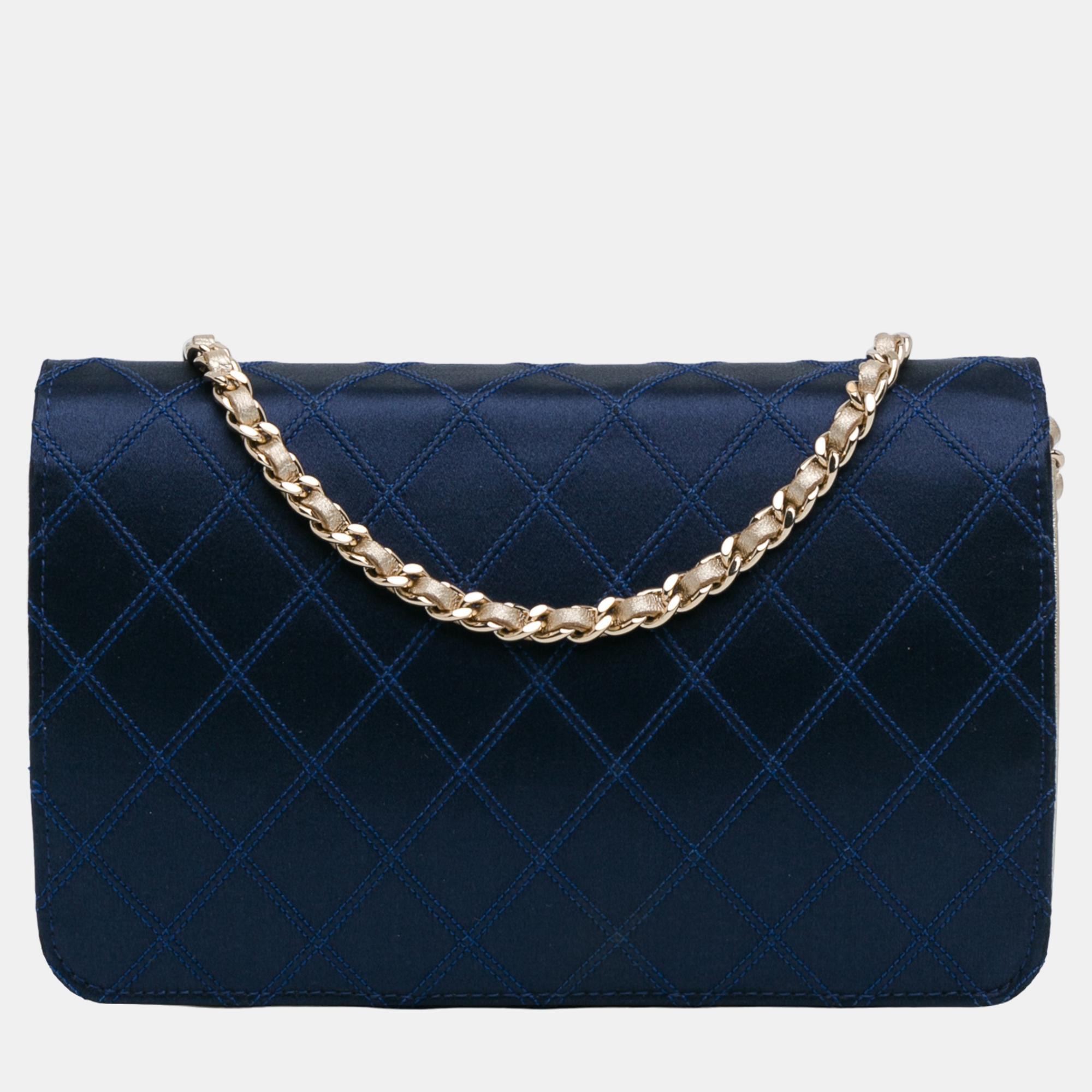 Chanel Navy Blue Satin Diamond Stitch Wallet On Chain