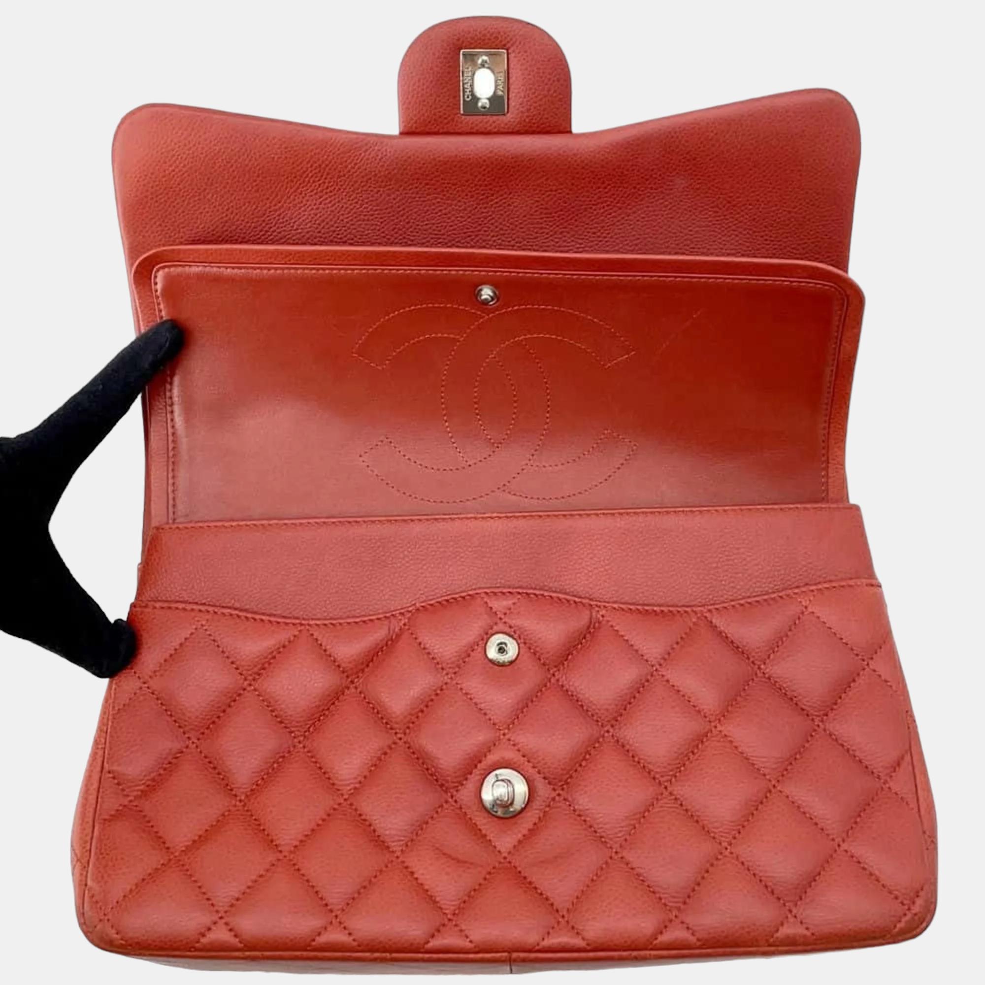 Chanel Red Caviar Leather Jumbo Classic Double Flap Shoulder Bag