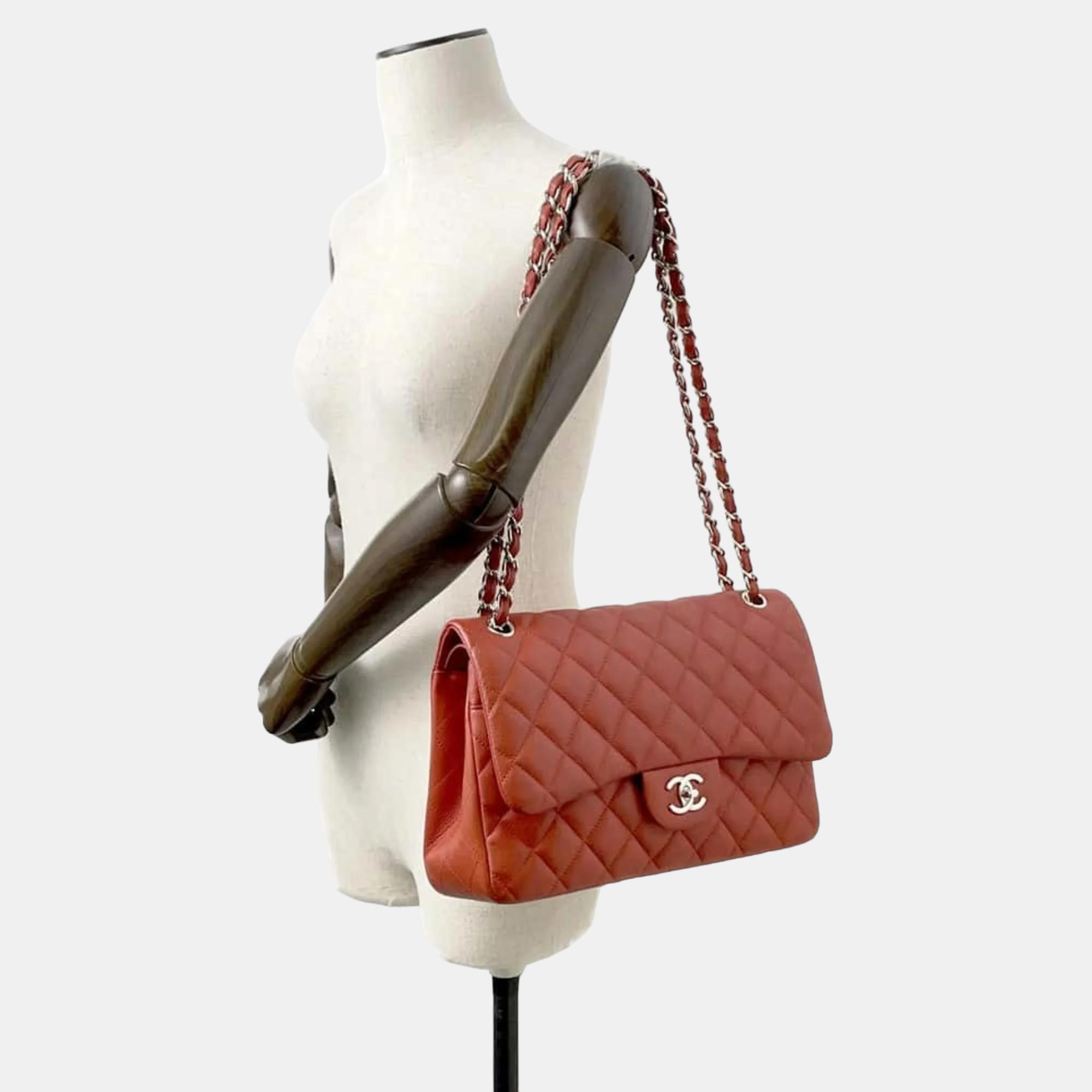 Chanel Red Caviar Leather Jumbo Classic Double Flap Shoulder Bag