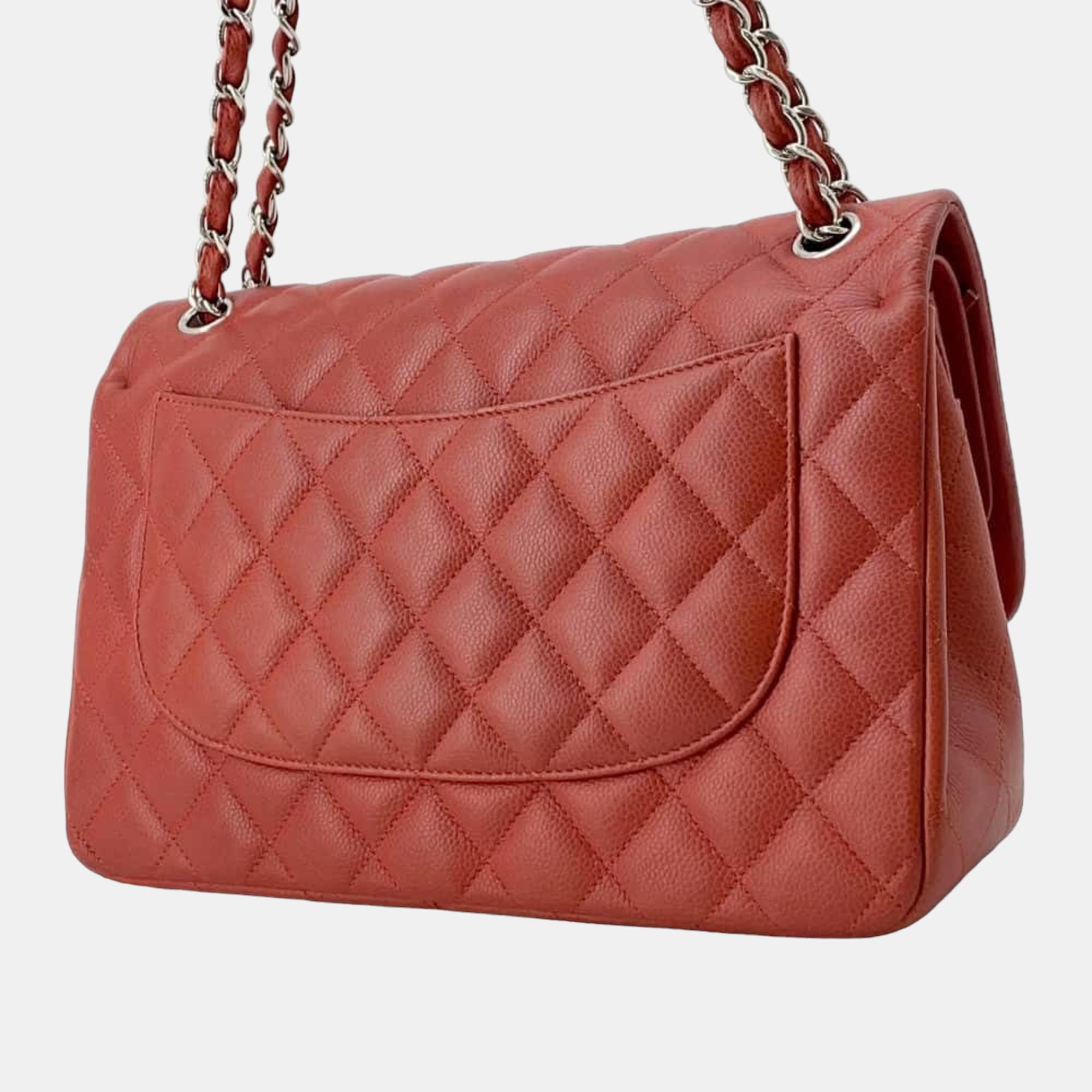 Chanel Red Caviar Leather Jumbo Classic Double Flap Shoulder Bag