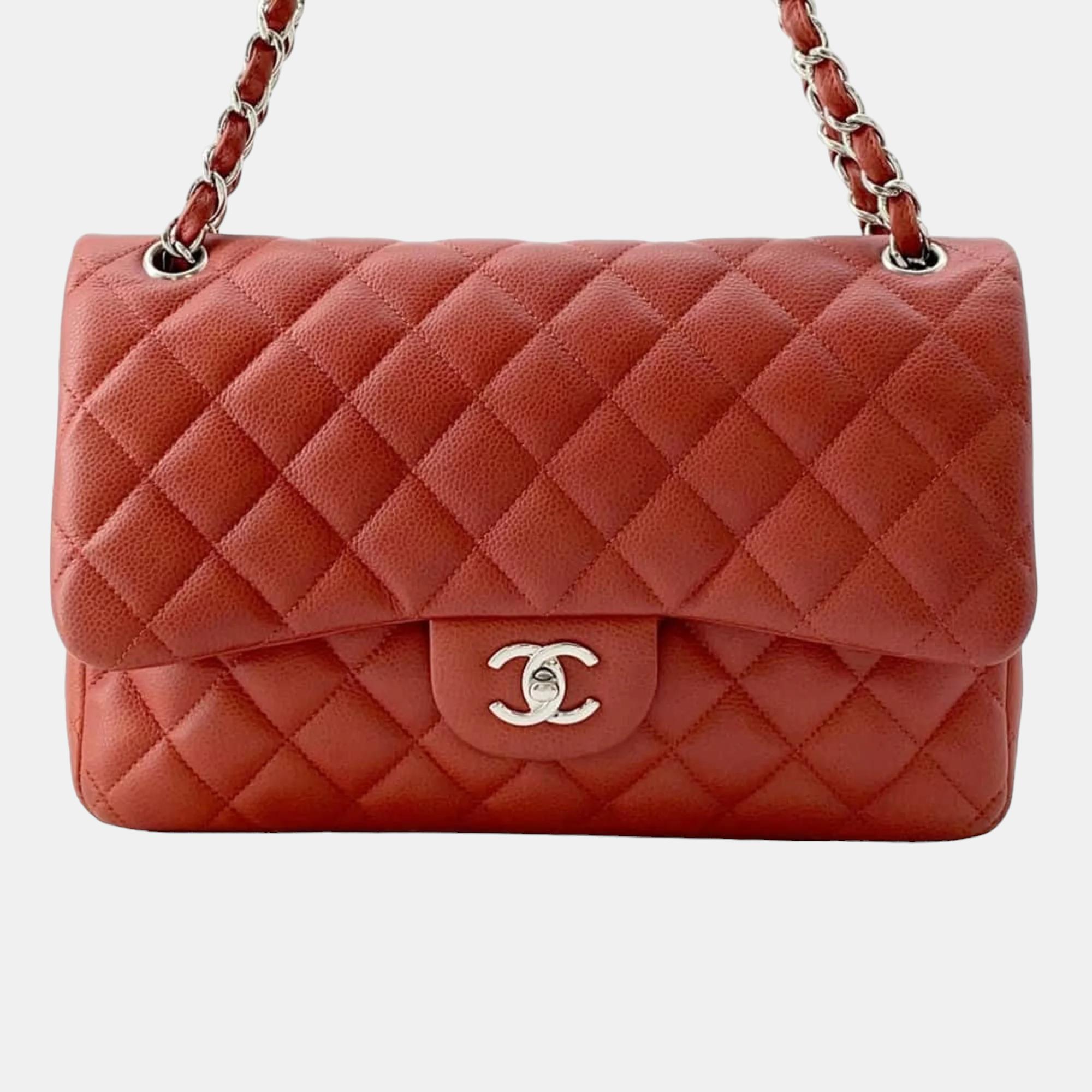 Chanel Red Caviar Leather Jumbo Classic Double Flap Shoulder Bag